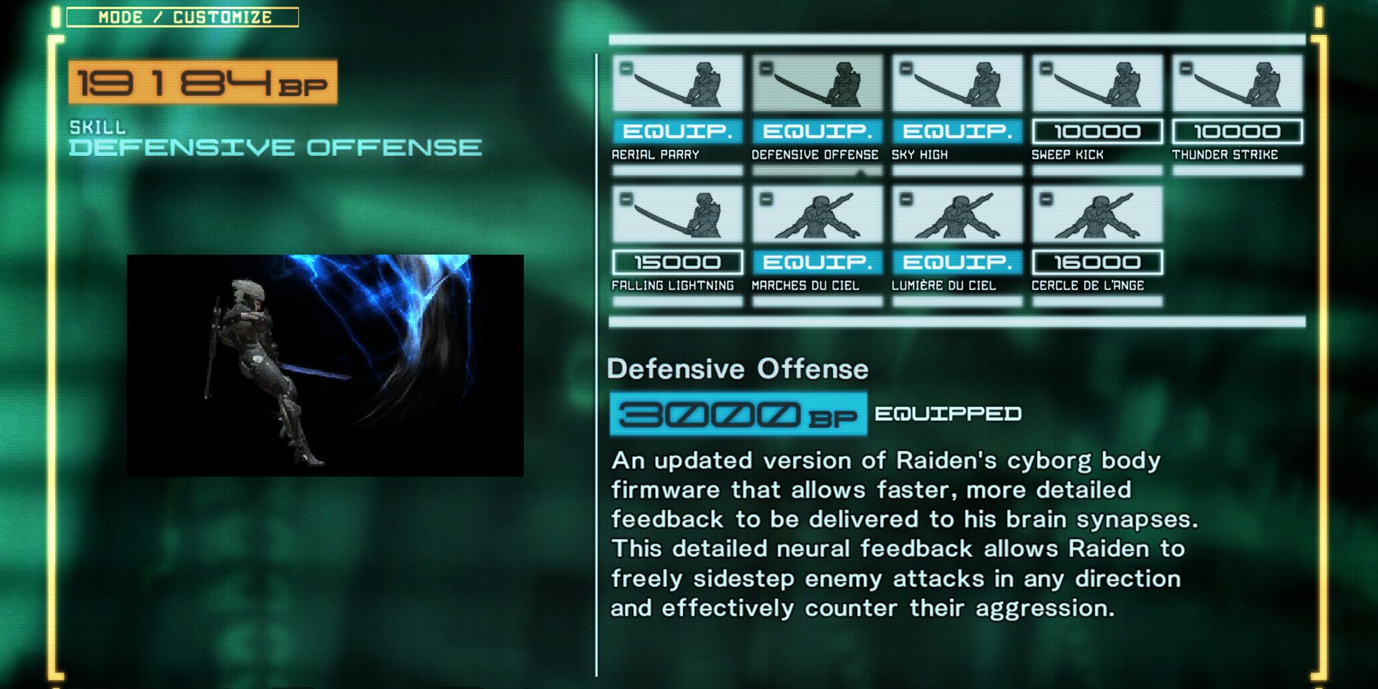 Metal Gear Rising: Revengeance screenshot of the Defensive Offense skill upgrade in Customize menu