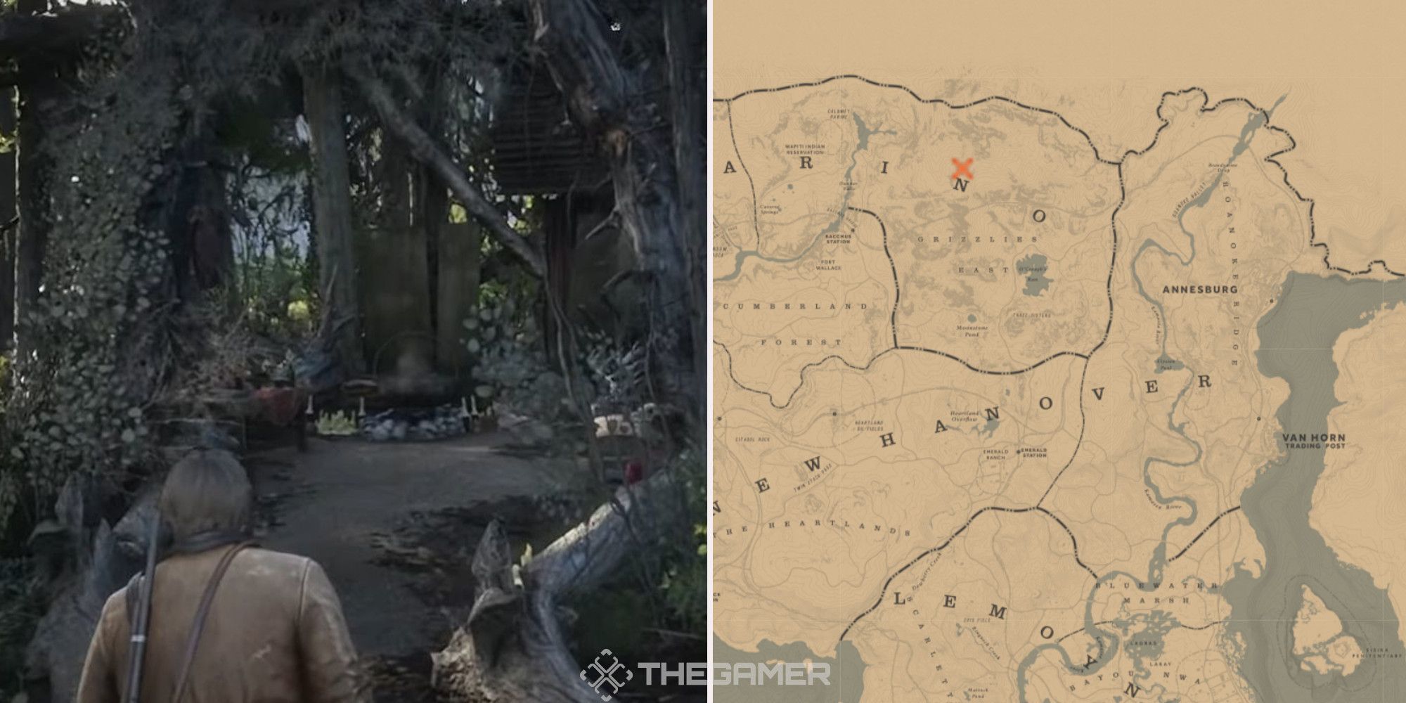 A witches cauldron in Red Dead Redemption 2, next to an image of where it can be found marked on the map.
