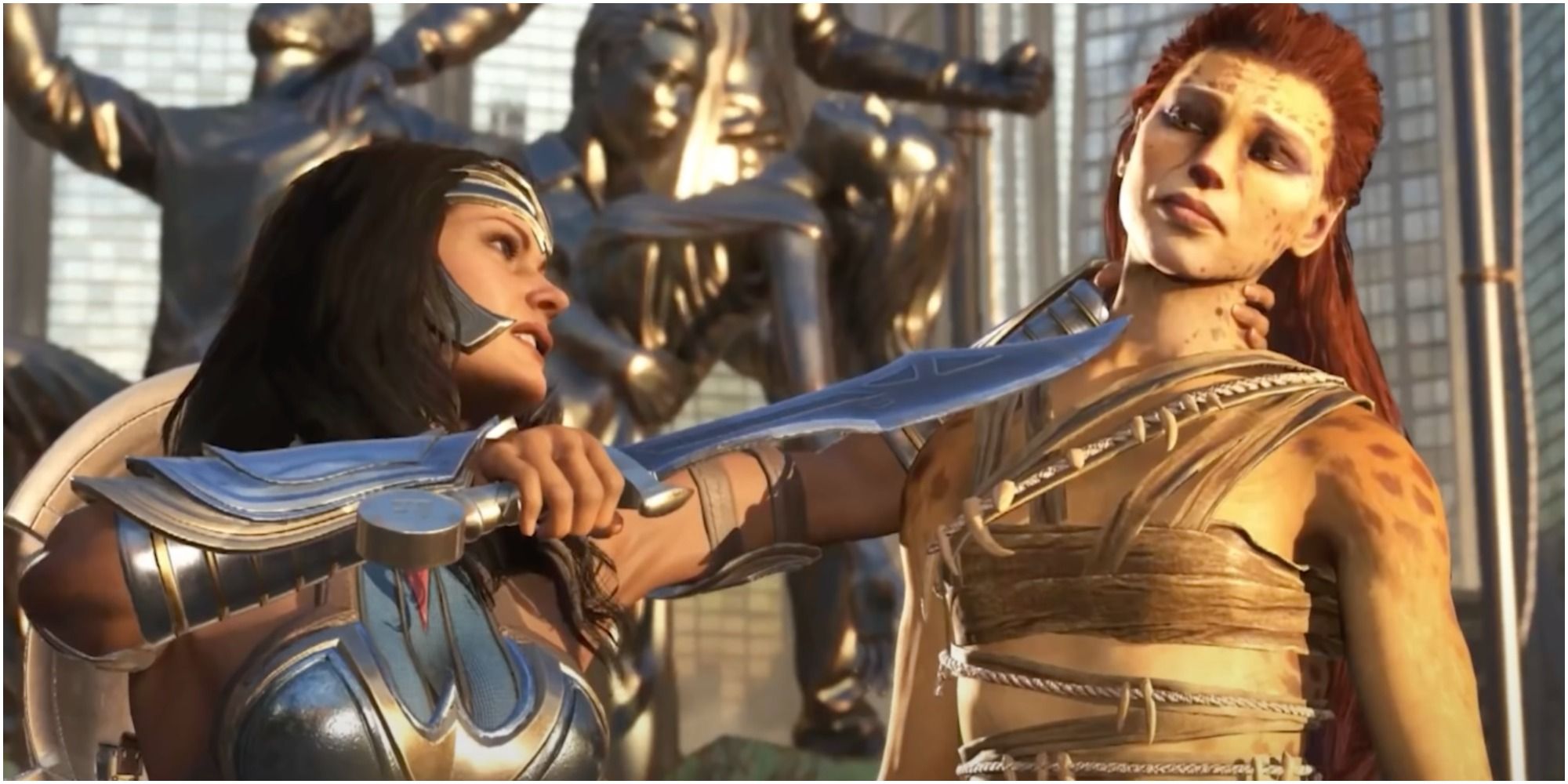 Wonder Woman threatening Cheetah in Injustice 2 after battle