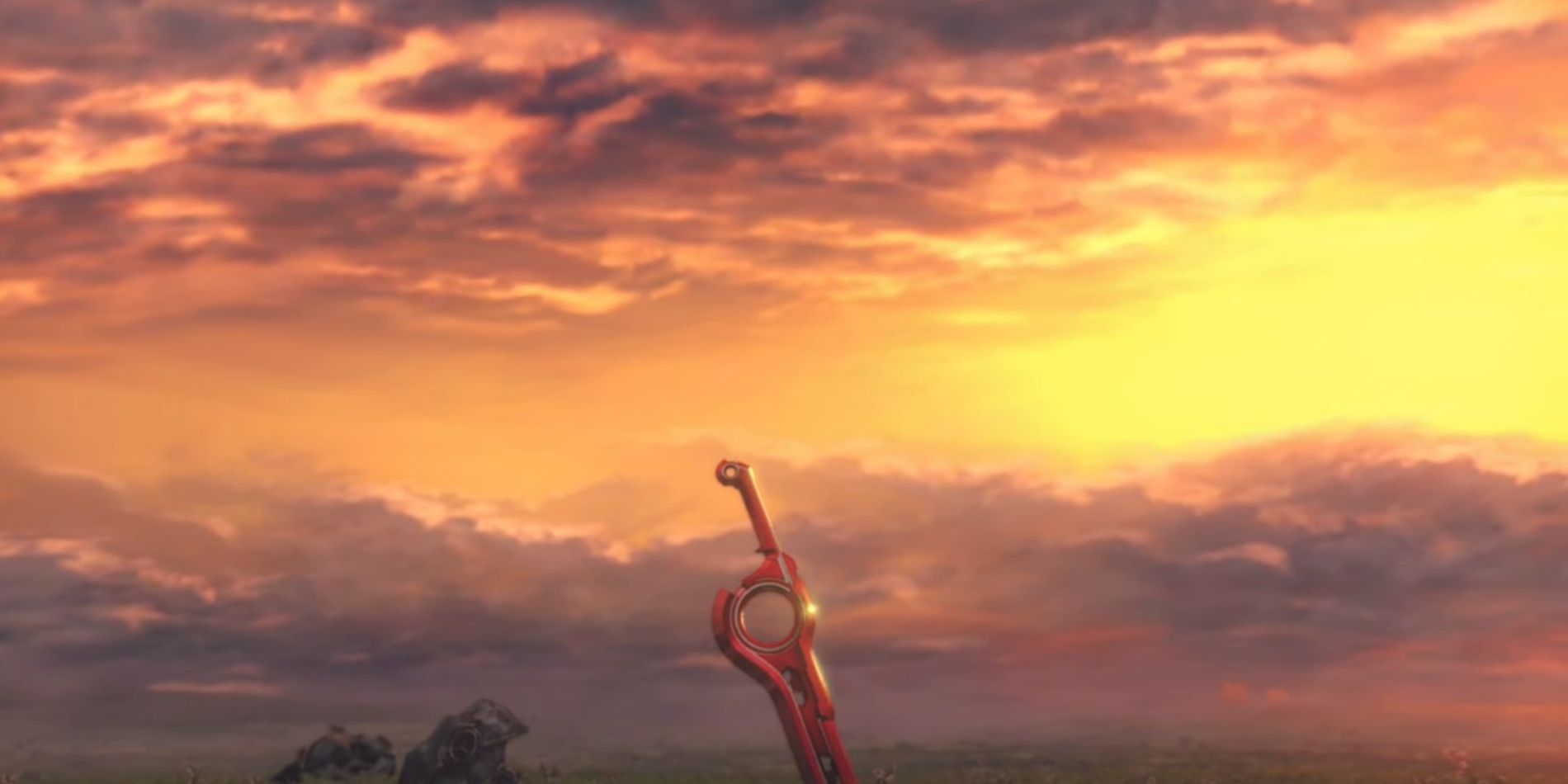 A screenshot of the Xenoblade Chronicles title screen, showing the Monado with the sunset behind it.