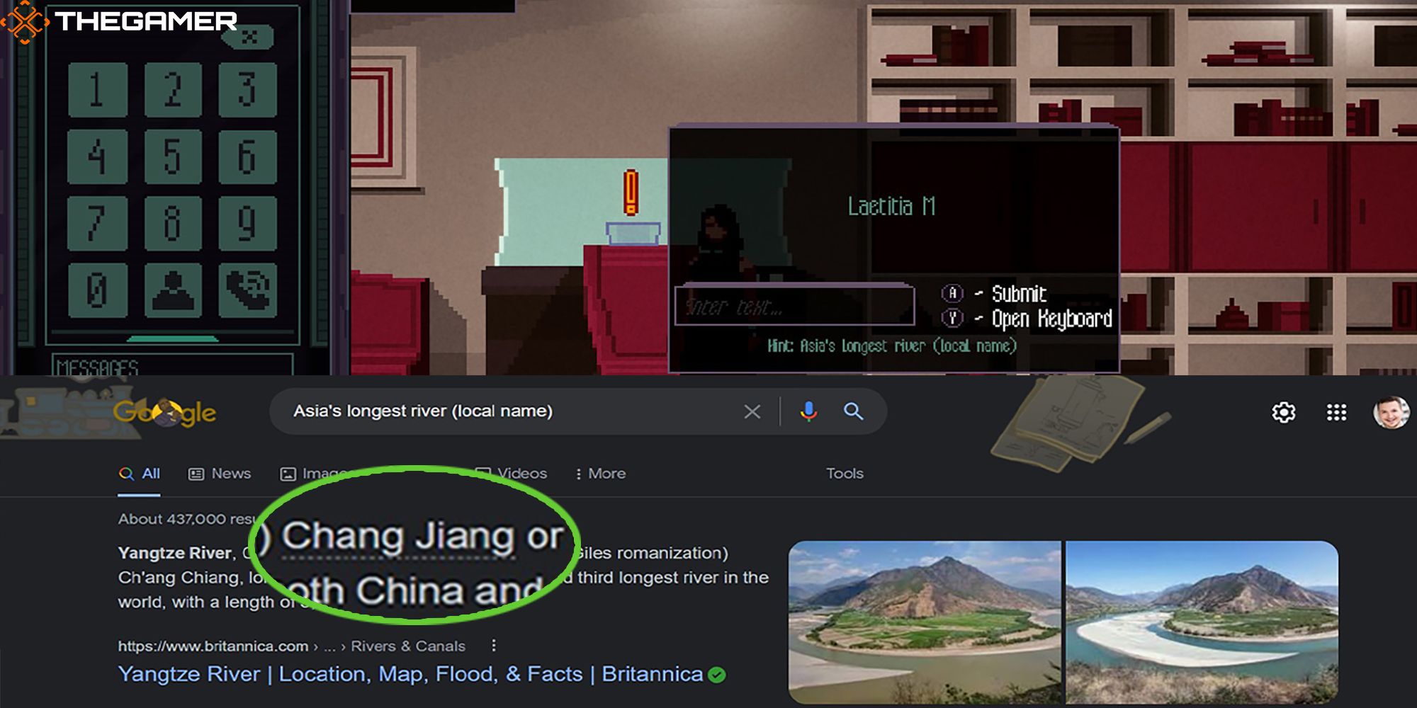 Amira attempts to hack into Laetitia Marlowe's email account in Chinatown Detective Agency. Under the game screenshot is a Google search citing Chang Jiang, the local name for Asia's longest river.