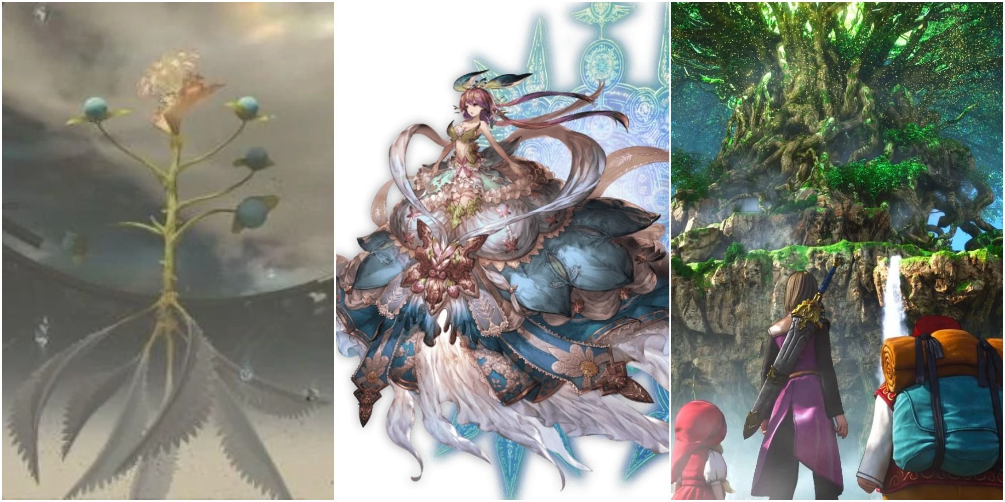 Yggdrasil in Lightning Returns, Granblue, and Dragon Quest, left to right
