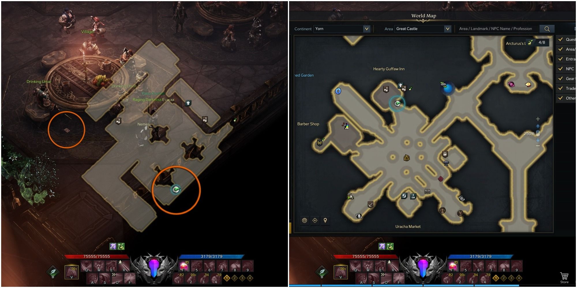Lost Ark split image of Yorn's Hidden Story 1-1 location with mini-map open, orange circle around object and player icon