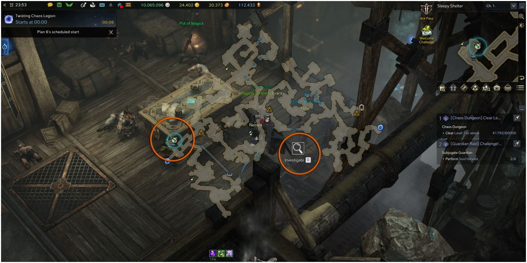 Lost Ark Yorn's Hidden Story 1-2 location with mini-map open, orange circle around object and player icon