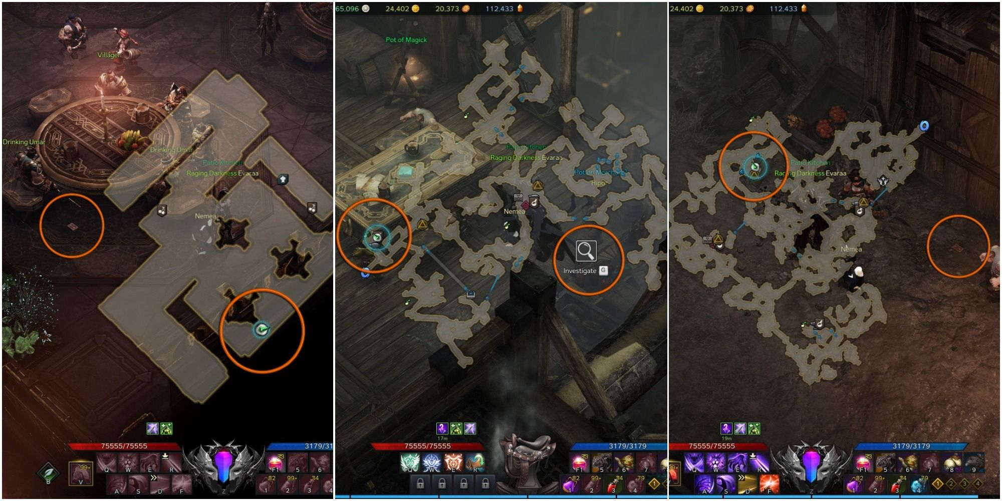 Lost Ark split image of Yorn's Hidden Story 1 locations with mini-maps open, orange circle around objects and player icons