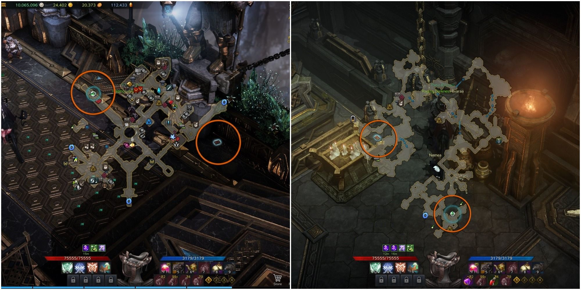 Lost Ark split image of Yorn's Hidden Story 2 locations with mini-maps open, orange circle around objects and player icons