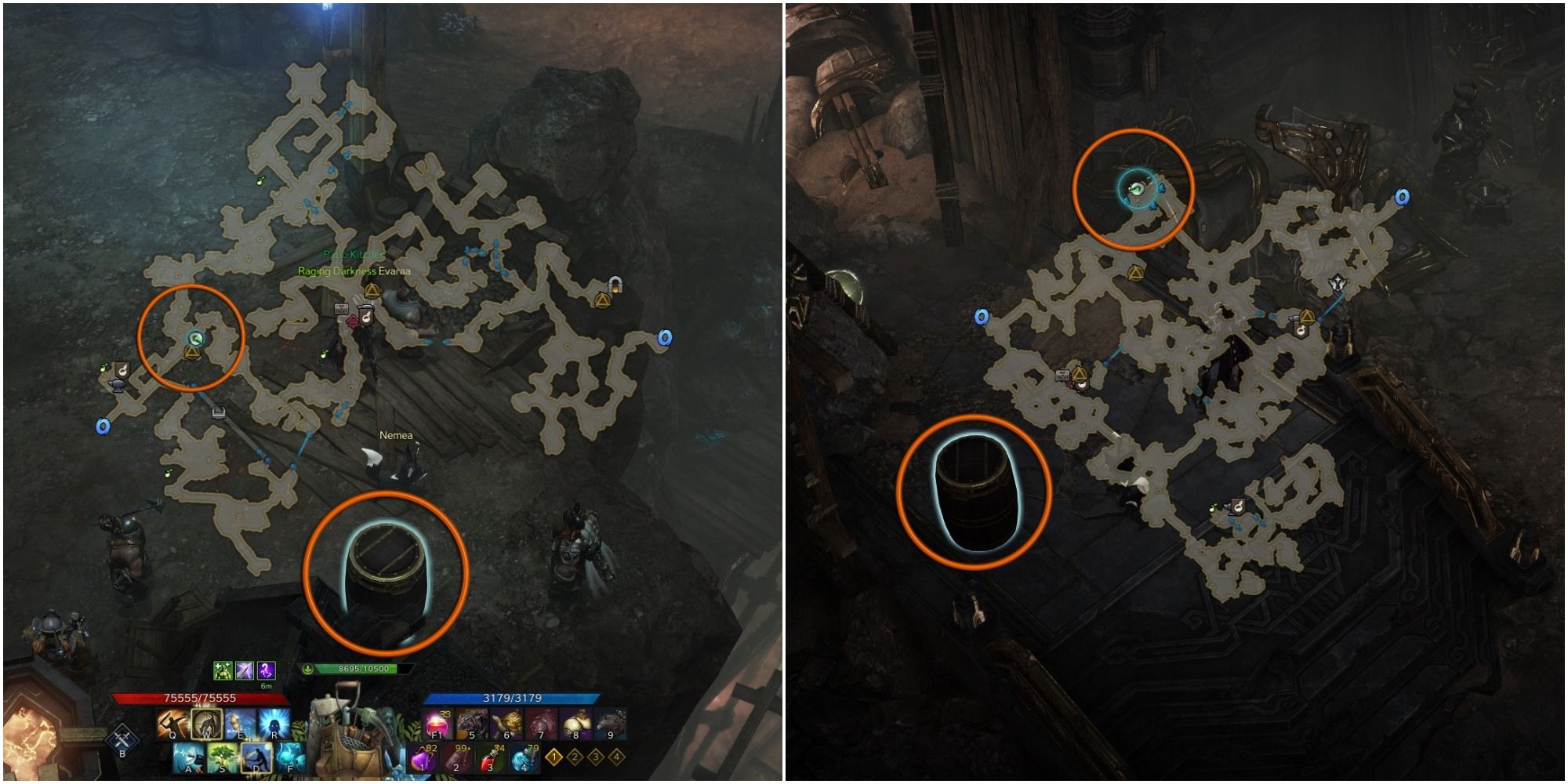 Lost Ark split image of Yorn's Hidden Story 3 locations with mini-maps open, orange circle around objects and player icons