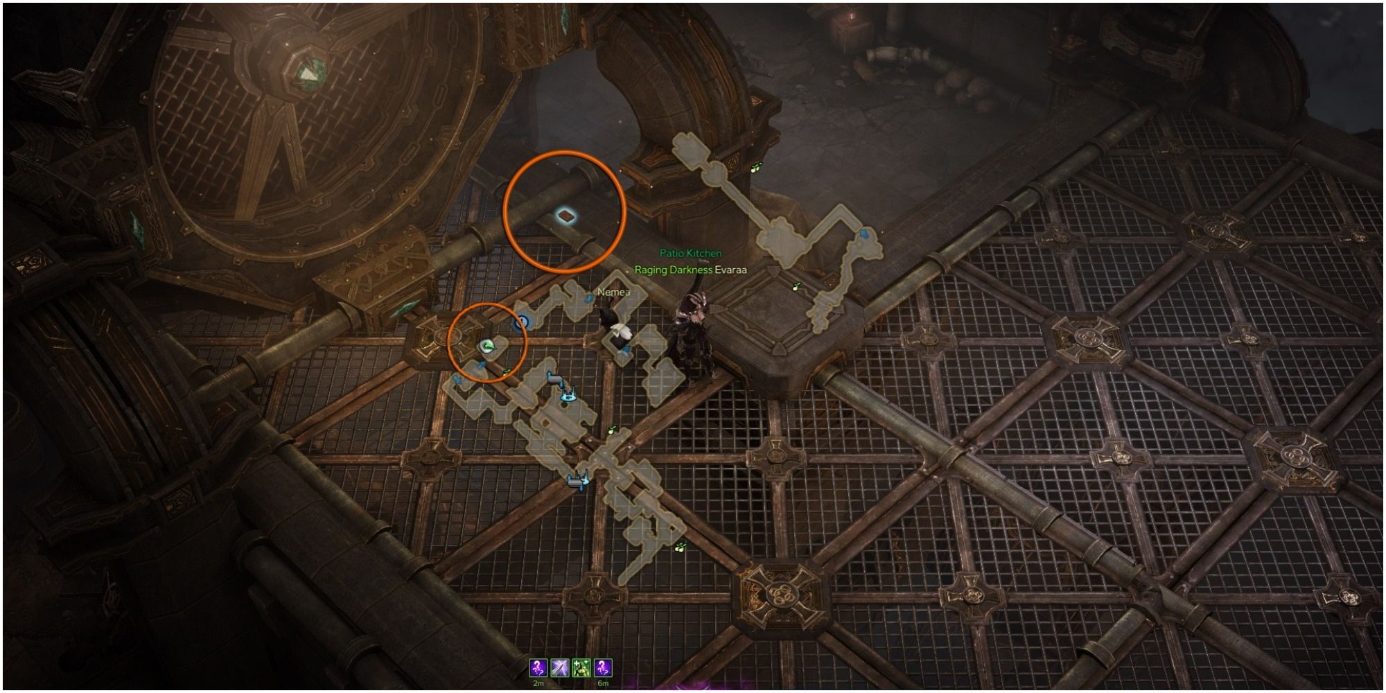 Lost Ark Yorn's Hidden Story 4-2 location with mini-map open, orange circle around object and player icon