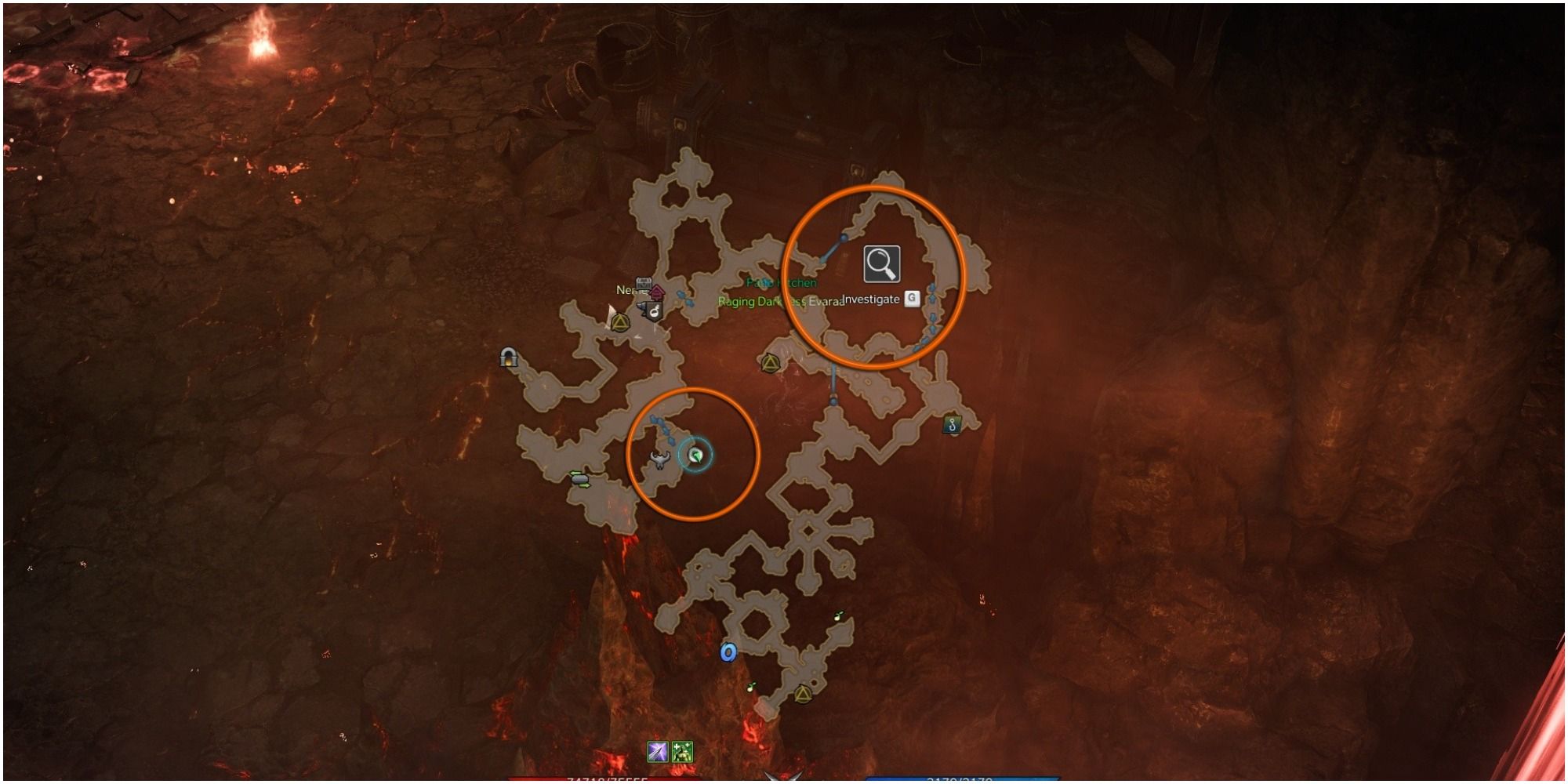 Lost Ark Yorn's Hidden Story 5-1 location with mini-map open, orange circle around object and player icon
