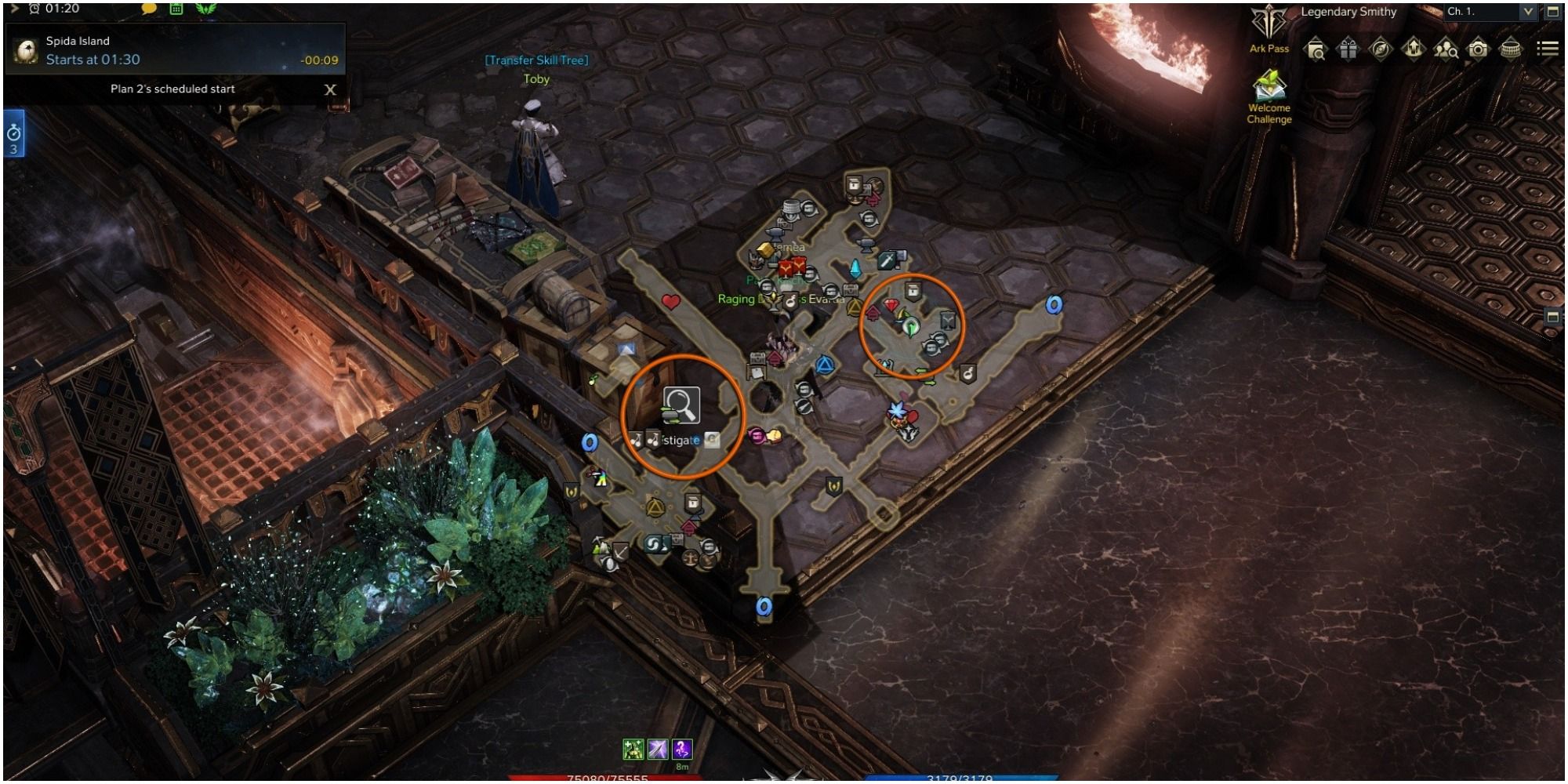 Lost Ark Yorn's Hidden Story 5-2 location with mini-map open, orange circle around object and player icon