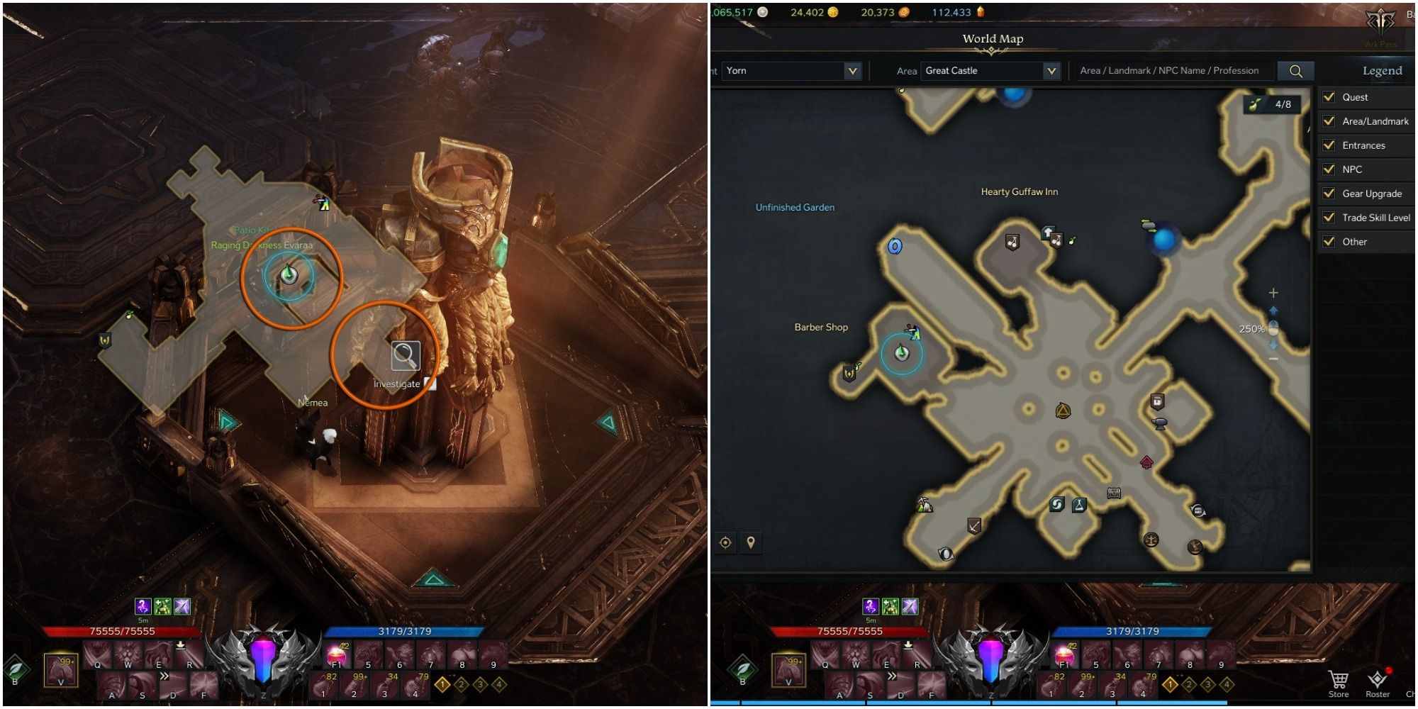 Lost Ark split image of Yorn's Hidden Story 5-3 location with mini-map open, orange circle around object and player icon
