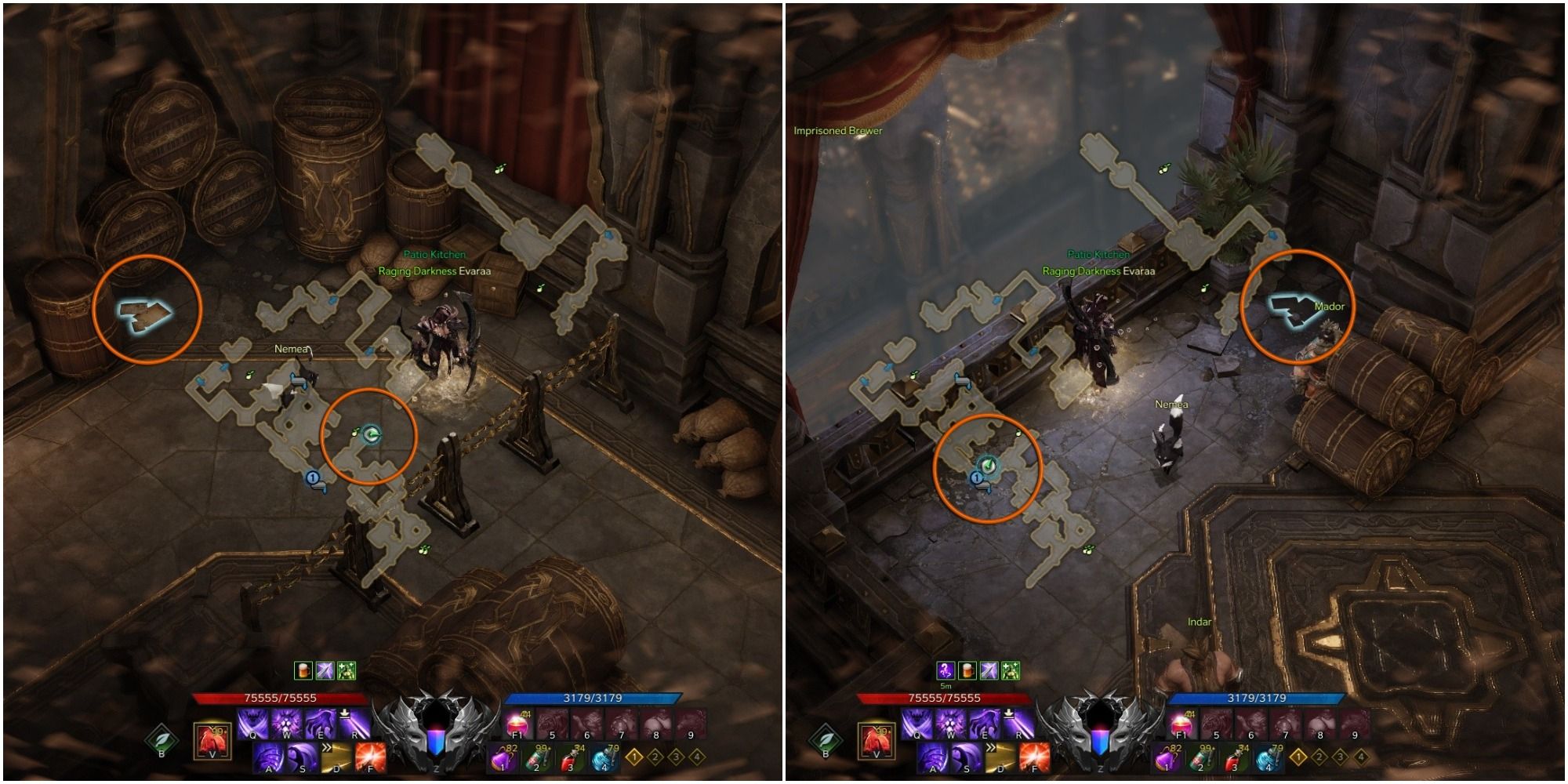 Lost Ark split image of Yorn's Hidden Story 6-1 and 6-2 locations with mini-maps open, orange circles around objects and player icons