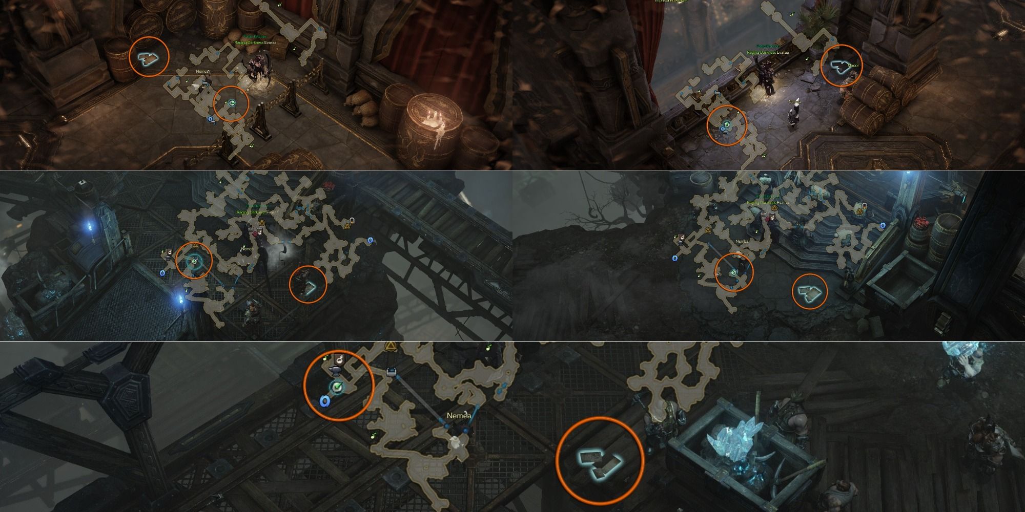 Lost Ark split image of Yorn's Hidden Story 6 locations with mini-maps open, orange circle around objects and player icons