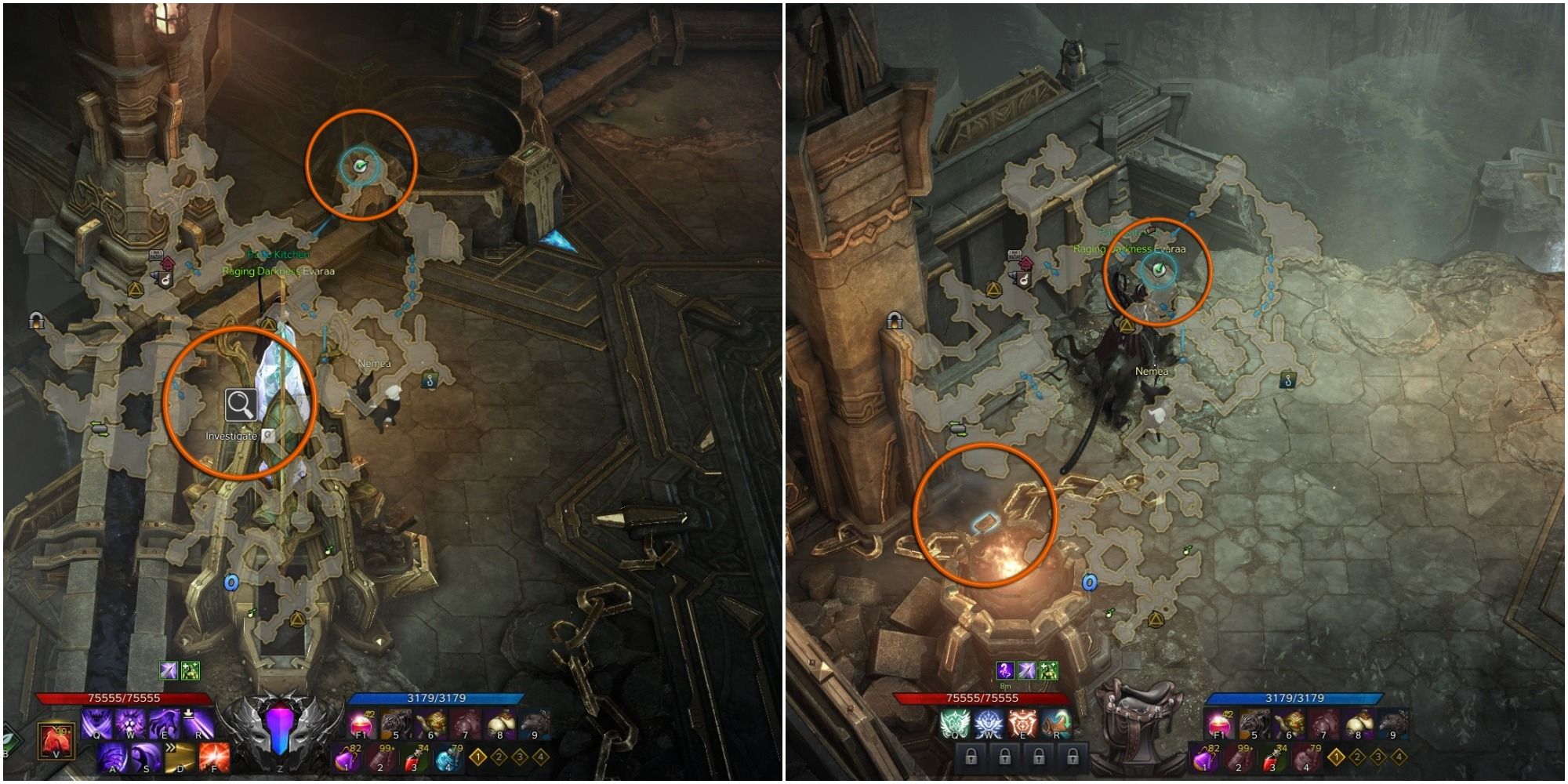 Lost Ark split image of Yorn's Hidden Story 7-1 and 7-2 locations with mini-maps open, orange circles around objects and player icons