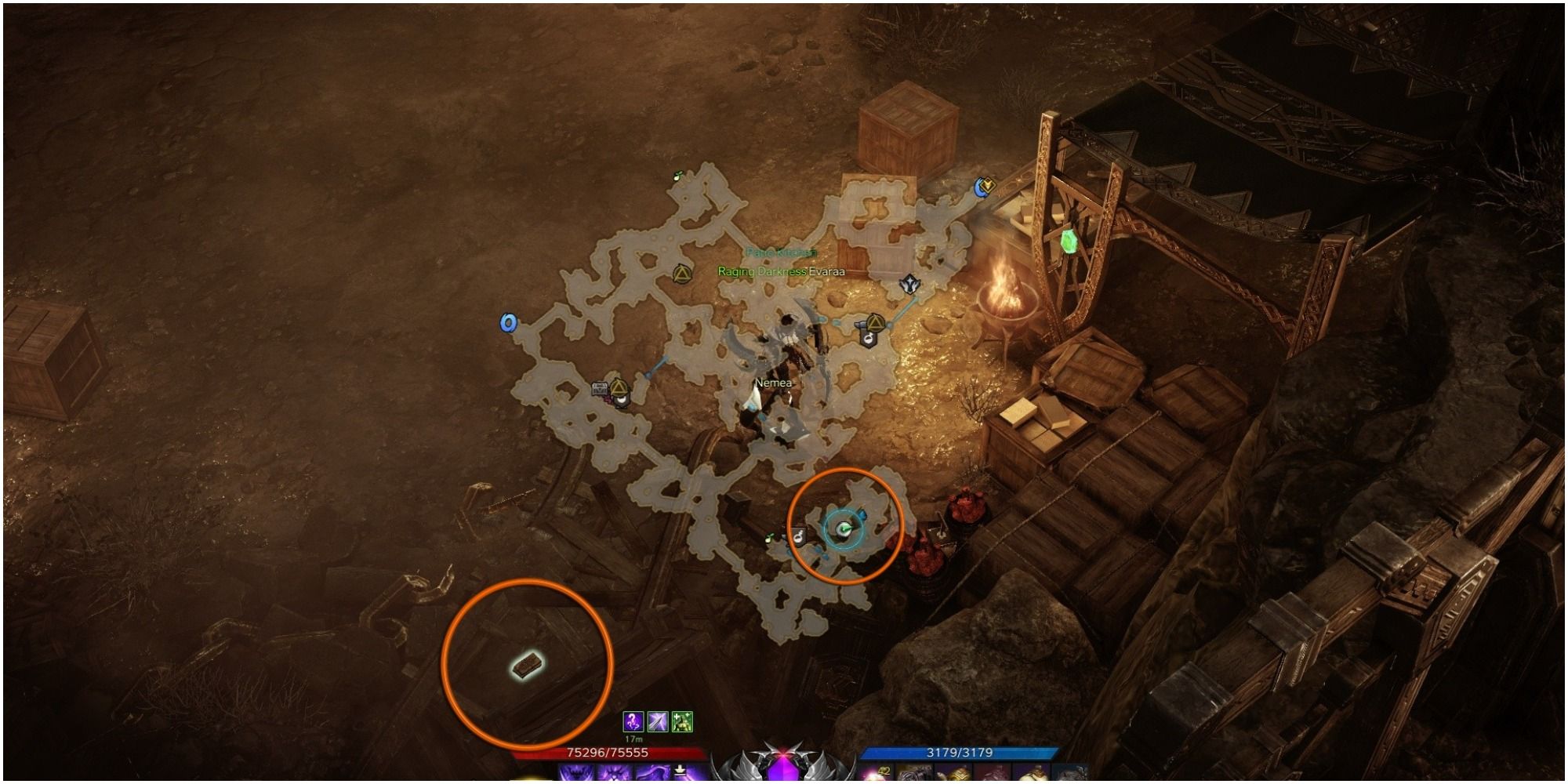 Lost Ark Yorn's Hidden Story 7-4 location with mini-map open, orange circle around object and player icon