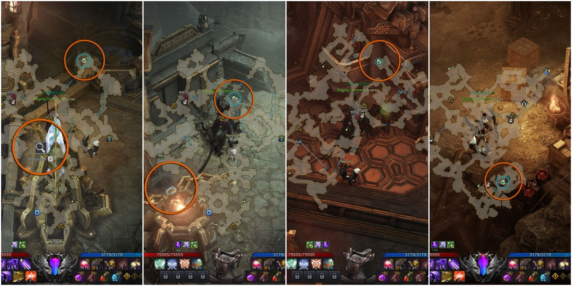 Lost Ark split image of Yorn's Hidden Story 7 locations with mini-maps open, orange circle around objects and player icons