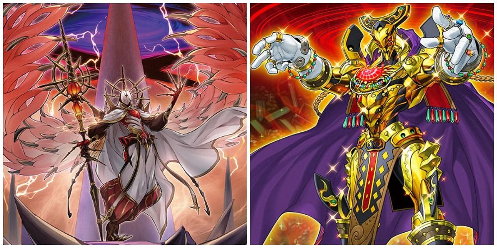 Yu-Gi-Oh split image featuring card arts for Dramaturge of Despia and Eldlich the Golden Lord