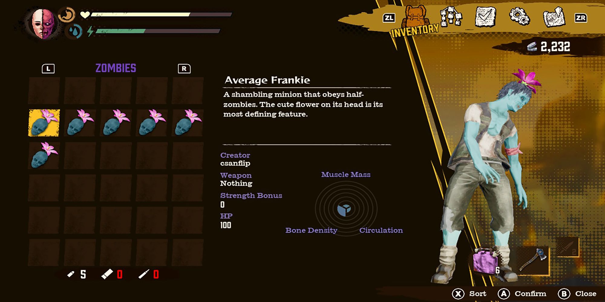 The zombie inventory displays the stats of an unarmed Average Frankie in Deadcraft.