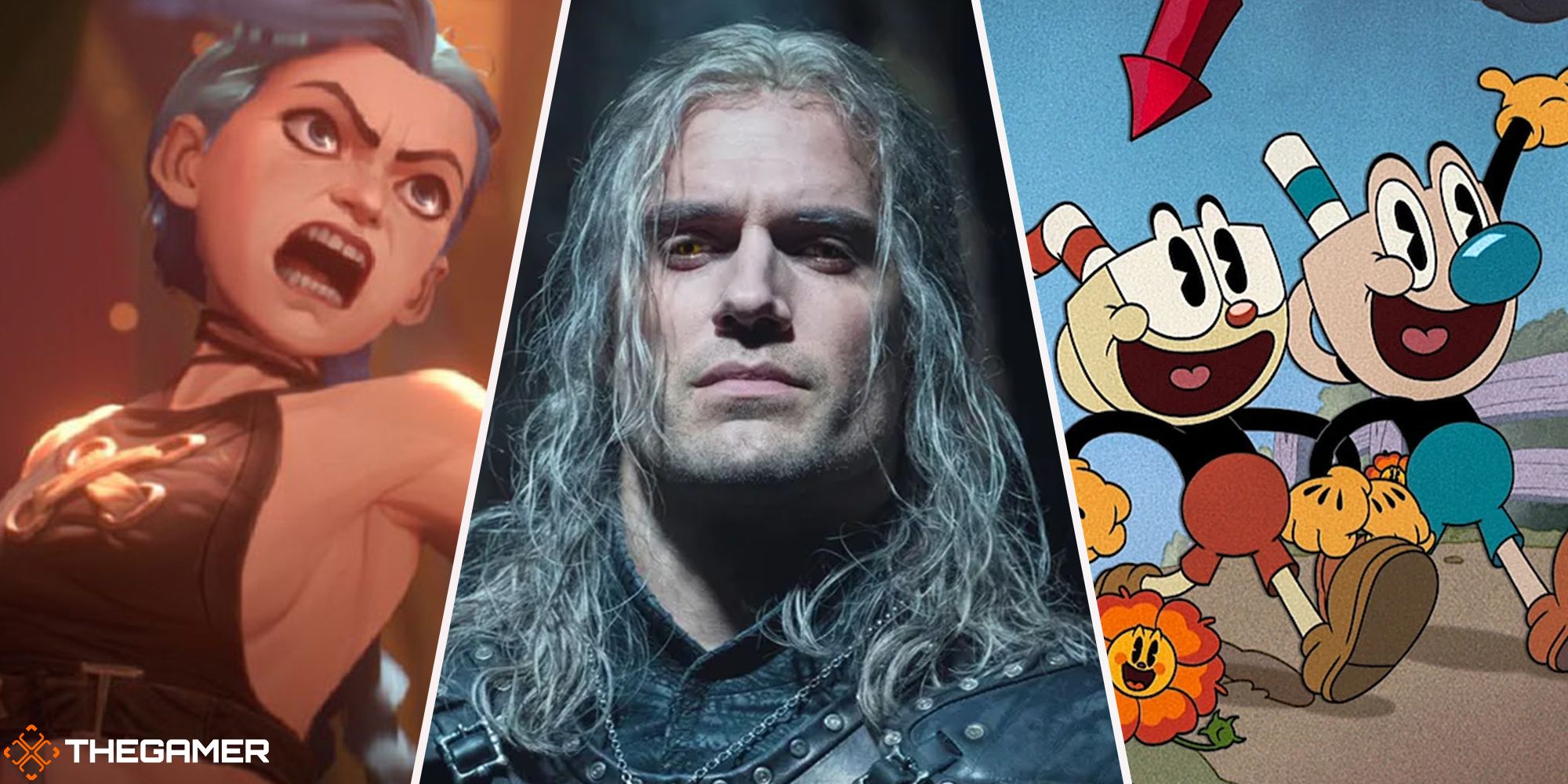 arcane (left), the witcher (centre), cuphead (right)