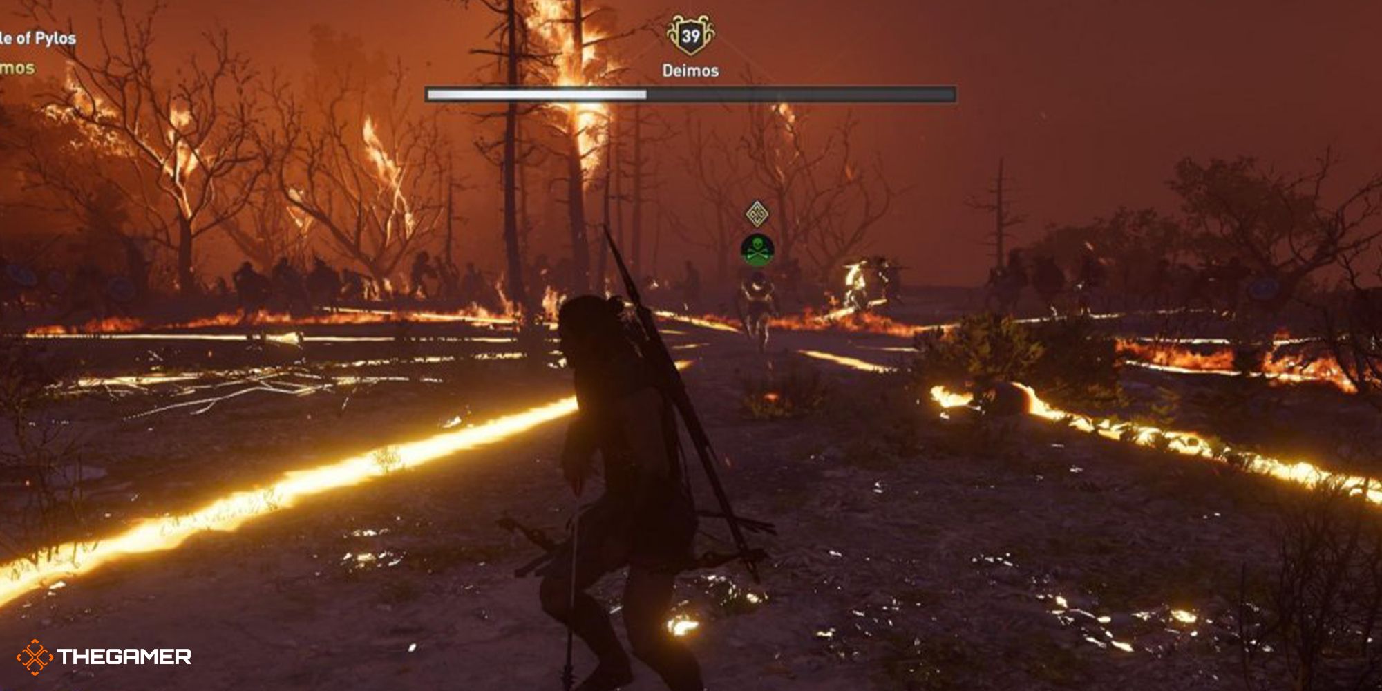 Running from Deimos in a forest reduced to ashes, trees still burning.
