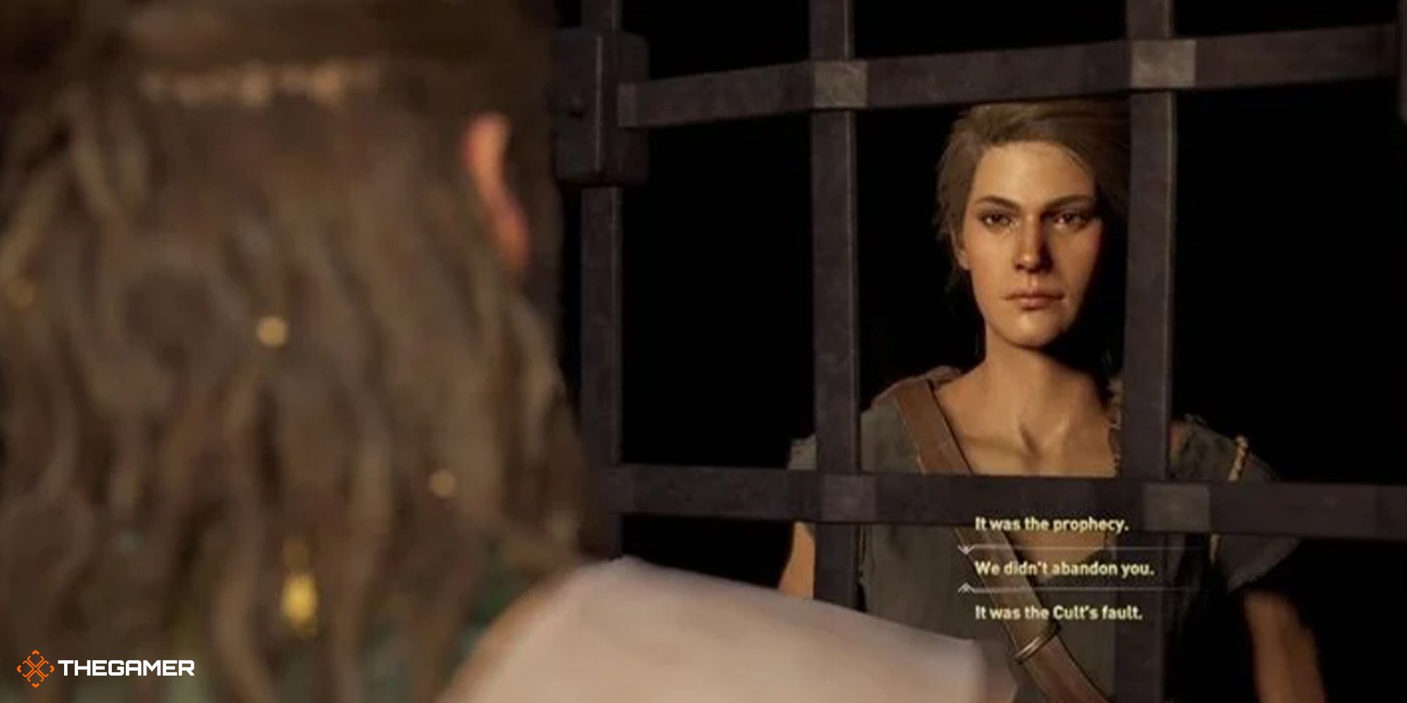 Kassandra talks to Deimos while being locked in a prison.