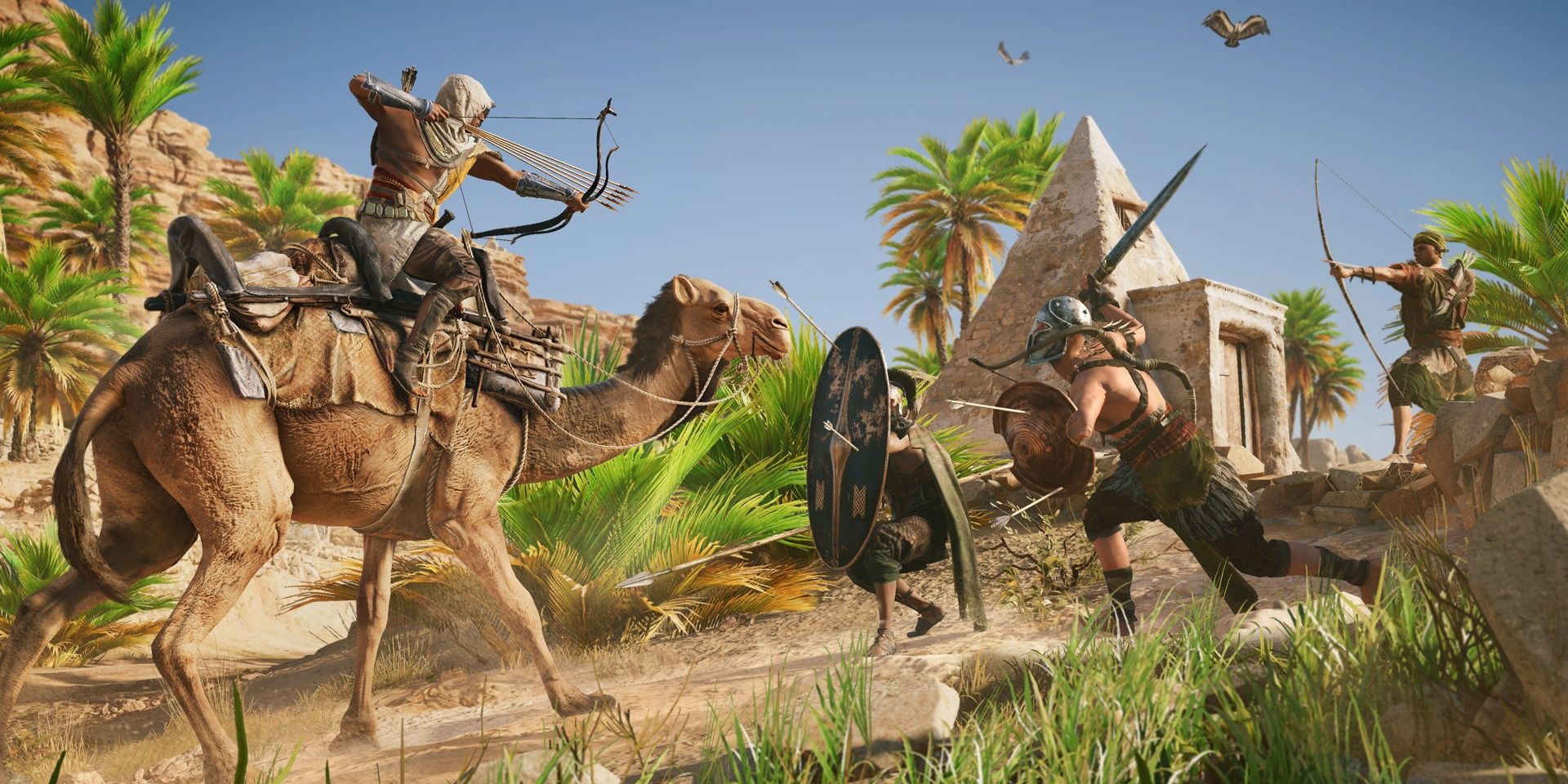 A screenshot showing a fighting scene in Assassin's Creed Origins