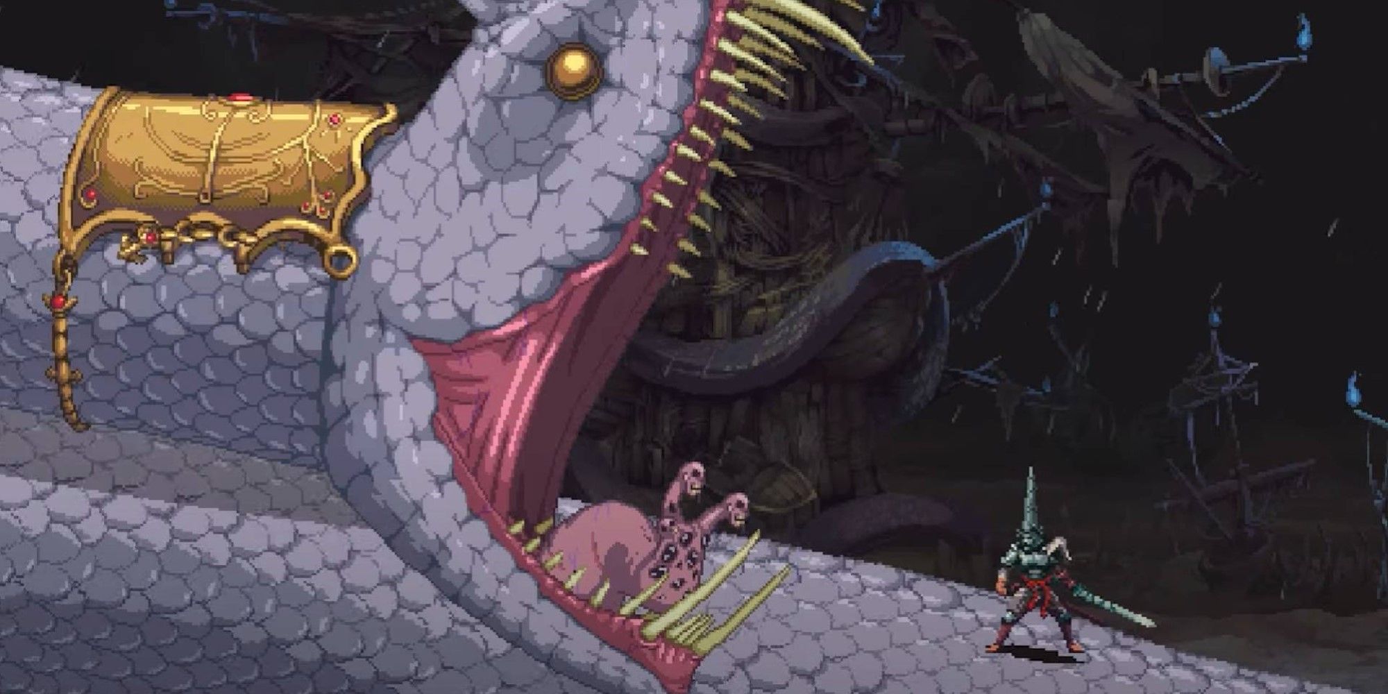 The protagonist about to be eaten by a huge snake.