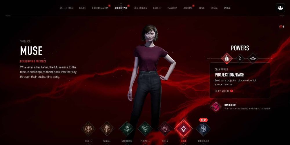 Vampire: The Masquerade Bloodhunt Muse Archetype during the select screen