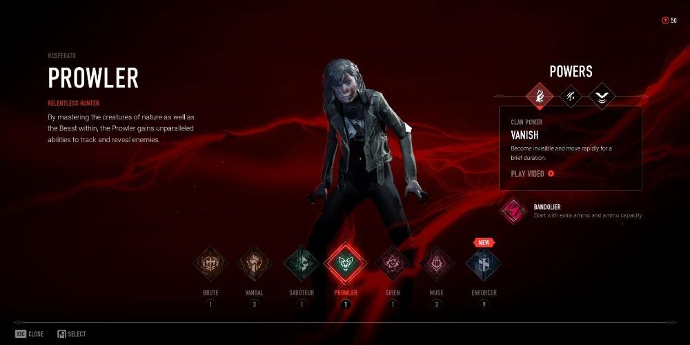 Vampire: The Masquerade Bloodhunt Prowler Archetype during the select screen with a customized skin