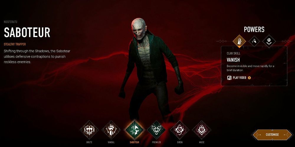 Vampire: The Masquerade Bloodhunt Saboteur Archetype in the select screen
