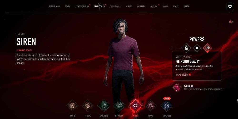 Vampire: The Masquerade Bloodhunt Siren Archetype during the select screen with a purple shirt