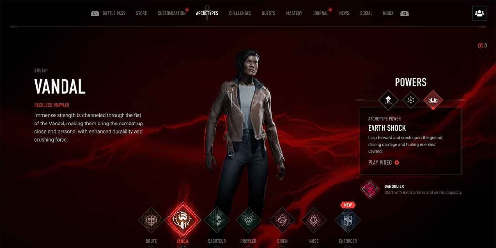 Vampire: The Masquerade Bloodhunt Vandal Archetype during the select screen
