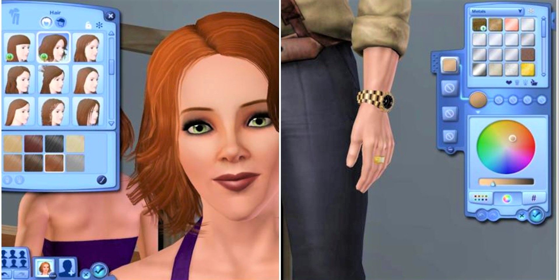 A split image of The Sims 3's CAS: on the left, a Sim's face with the Hairs menu pulled up. On the right, a Sim's hand with Create-A-Style selected, highlighting their watch.