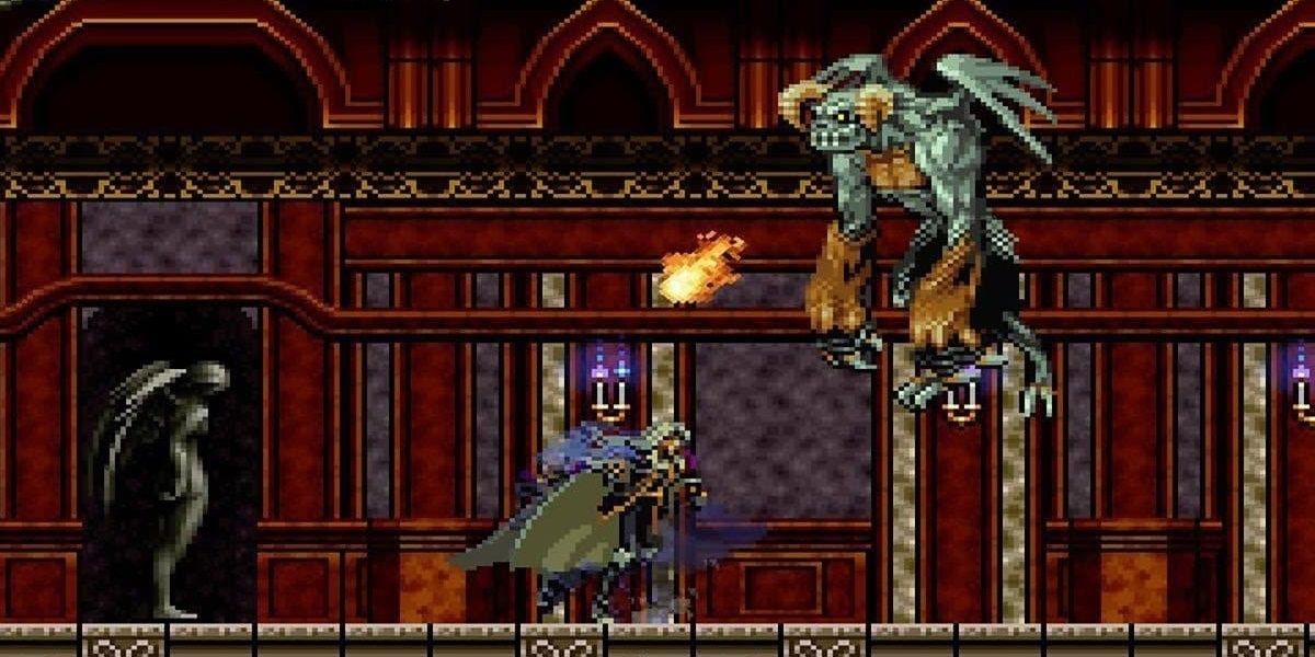 A screenshot showing Alucard fighting a winged demon in Castlevania: Symphony of the Night