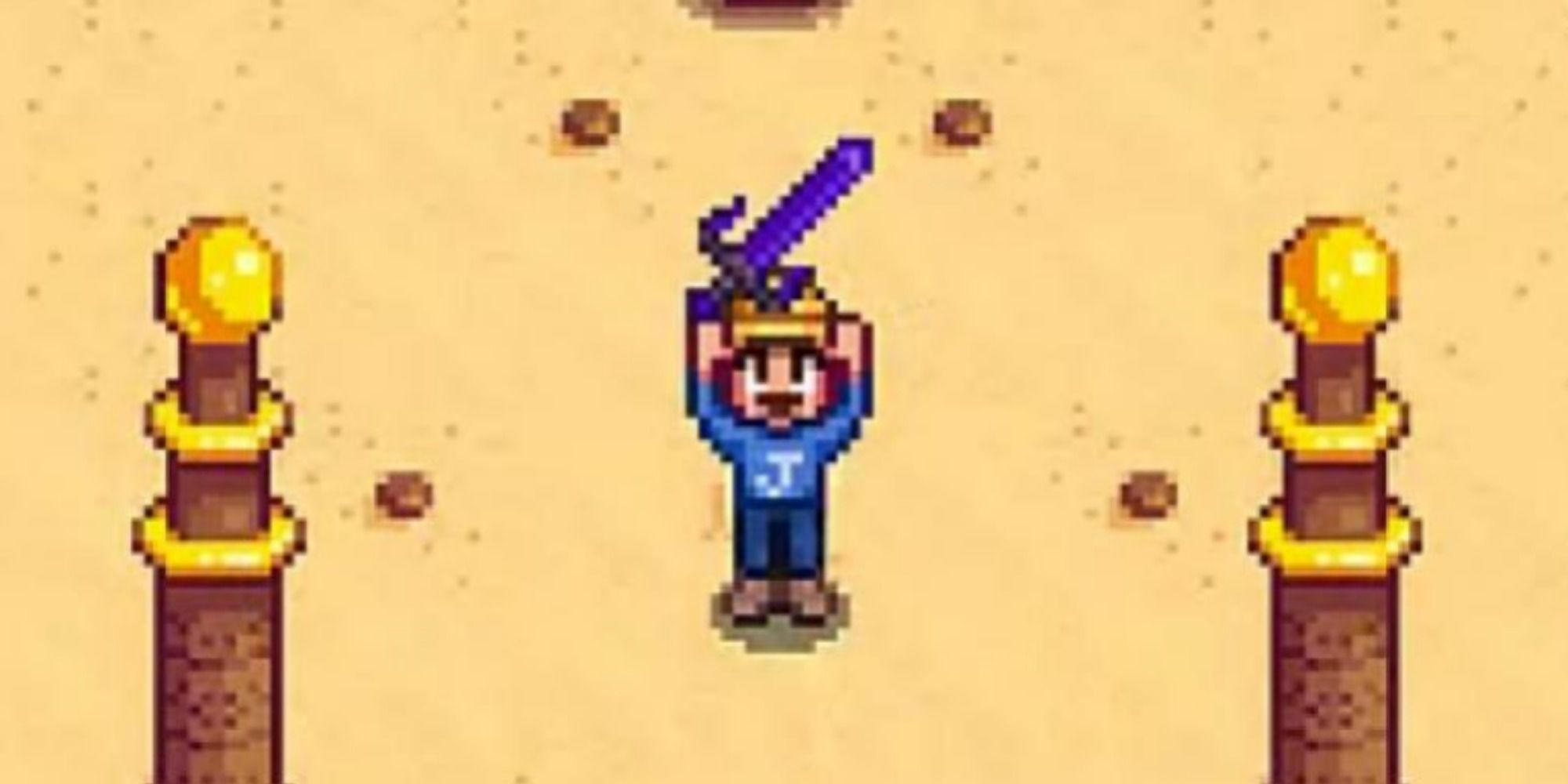 character holding the obsidian edge sword in stardew valley