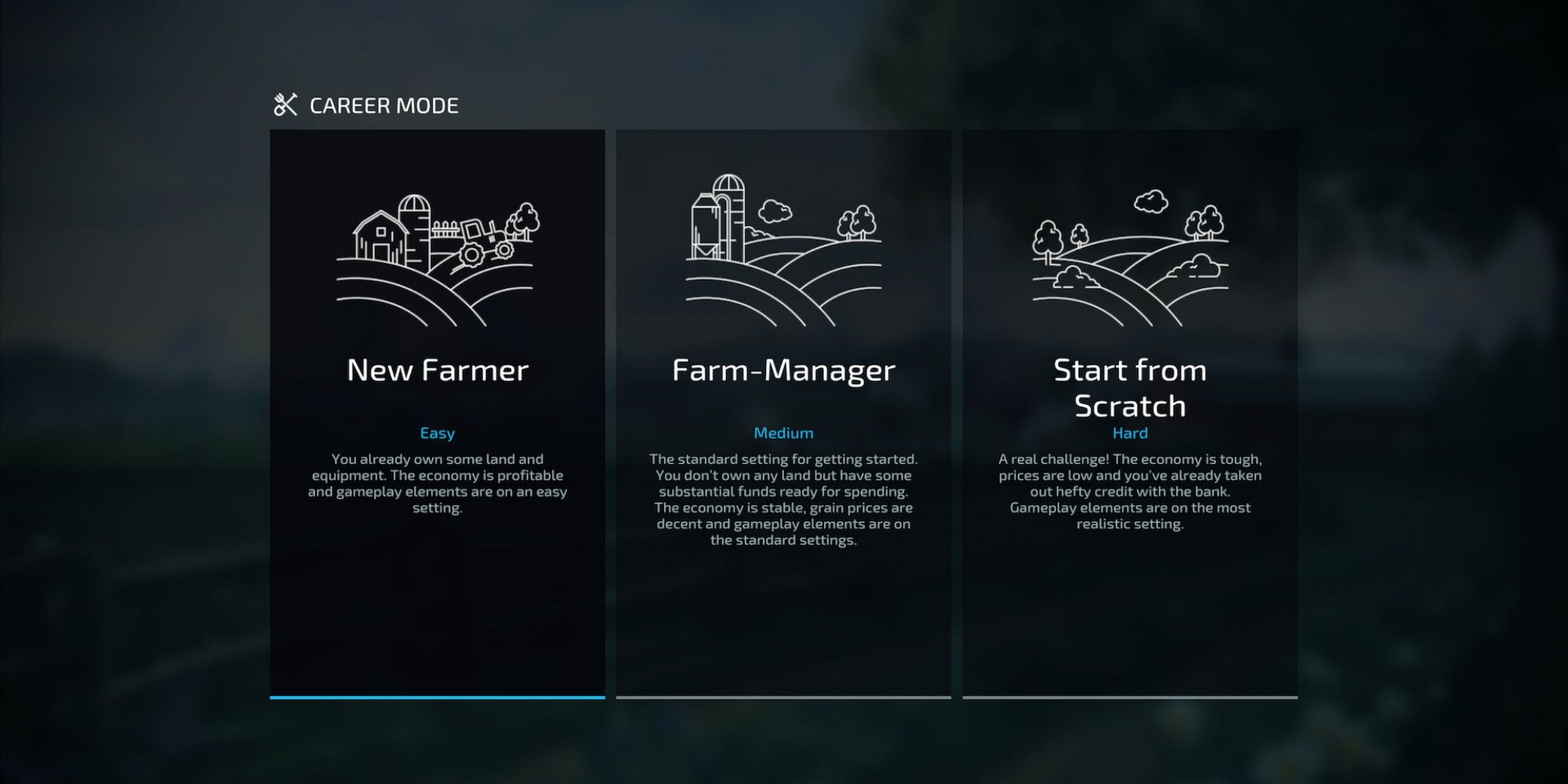 choosing a farming difficulty mode in farming simulator 22