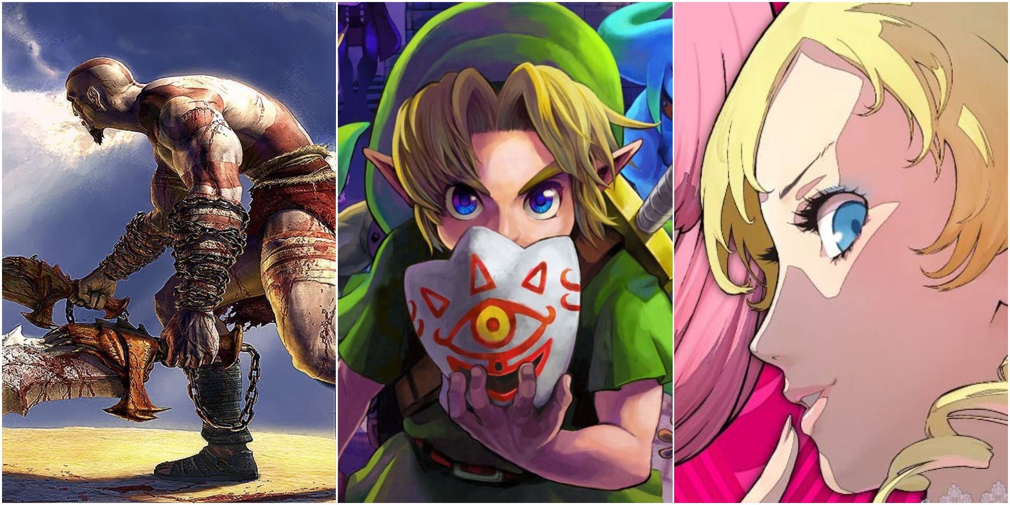 collage of key art from god of war, the legend of zelda majoras mask and catherine