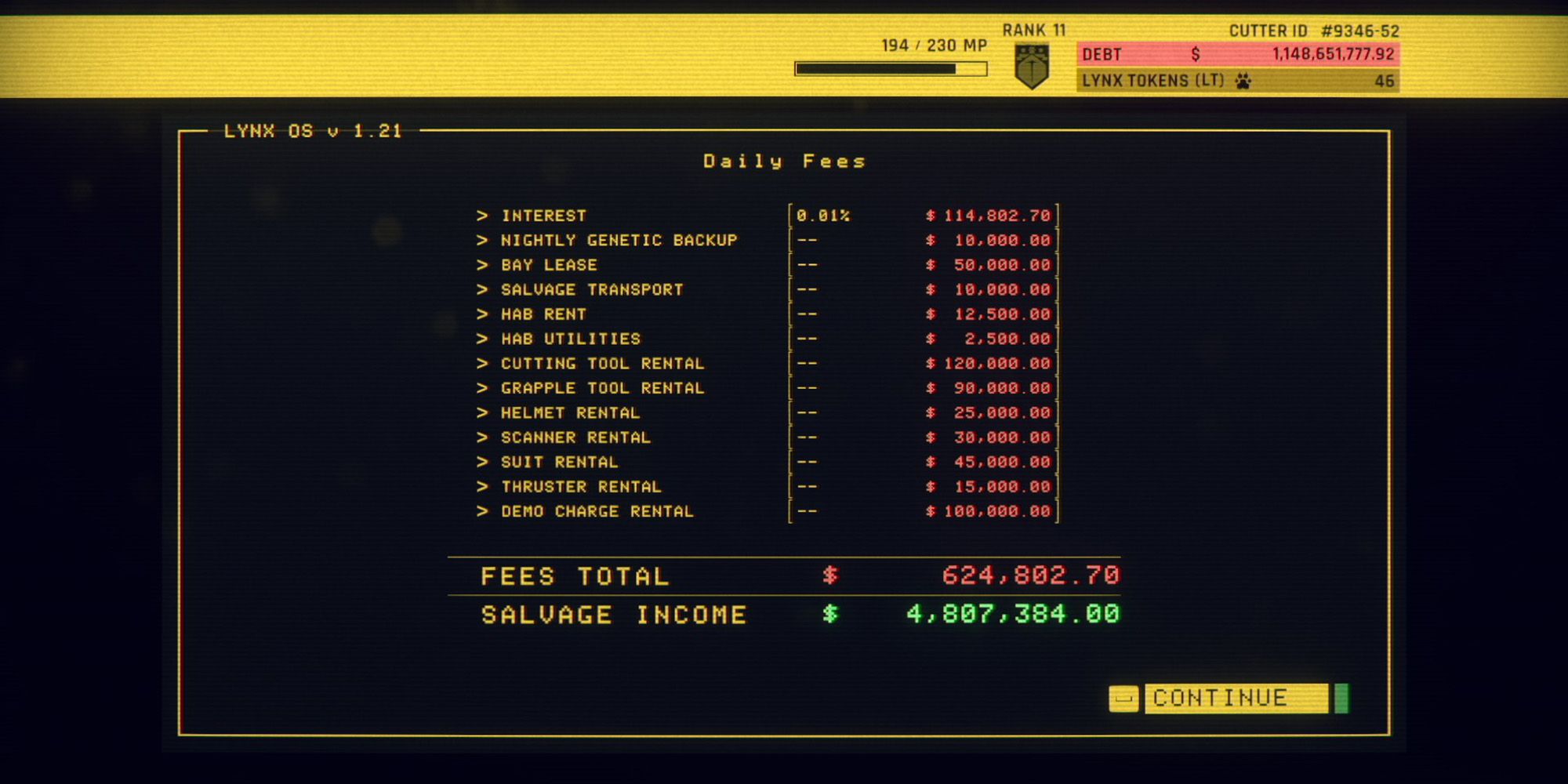 daily fees and salvage income menu after shift