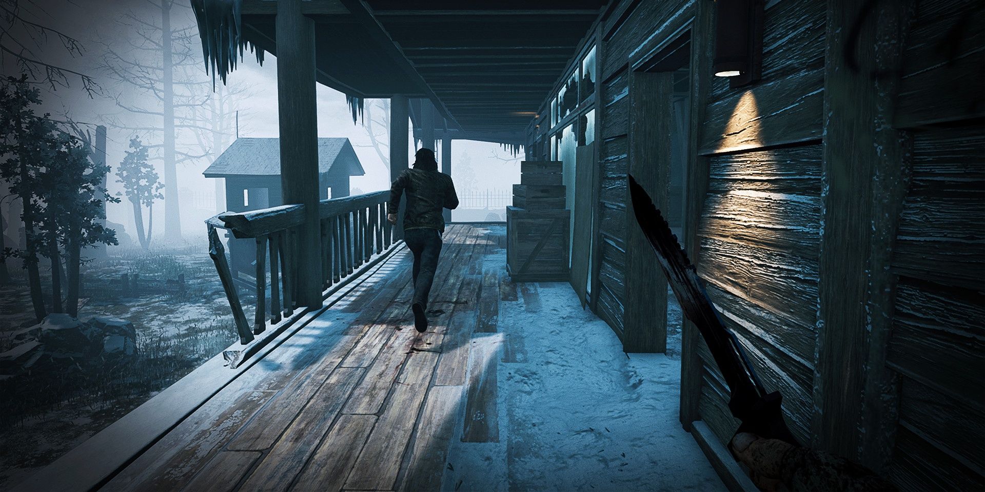 A screenshot showing the killer stalking his target in Dead by Daylight