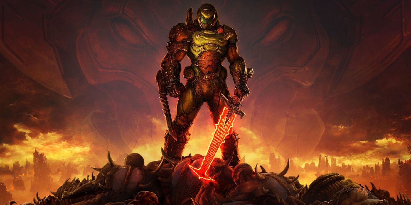 Doom Eternal Doomguy with slayersword on a pile of dead demons