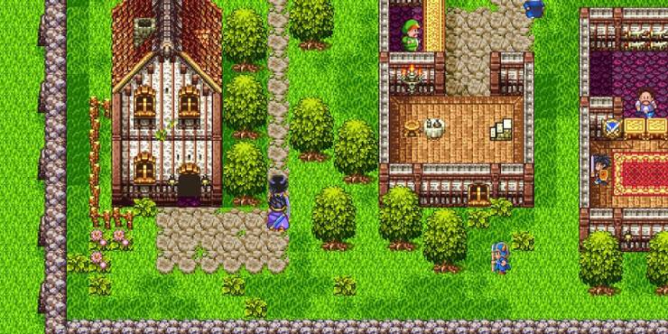 A screenshot from Dragon Quest 3: The Seeds of Salvation on the Switch, showing the hero traipsing through a verdant town