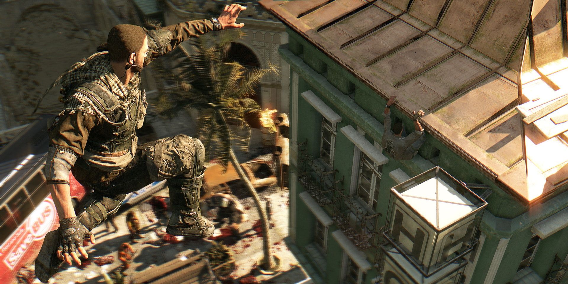 A screenshot showing a player leaping from one building to another in Dying Light