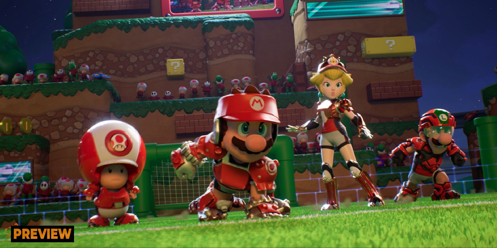 Toad, Mario, Princess Peach, and Luigi about to play football in Mario Strikers: Battle League