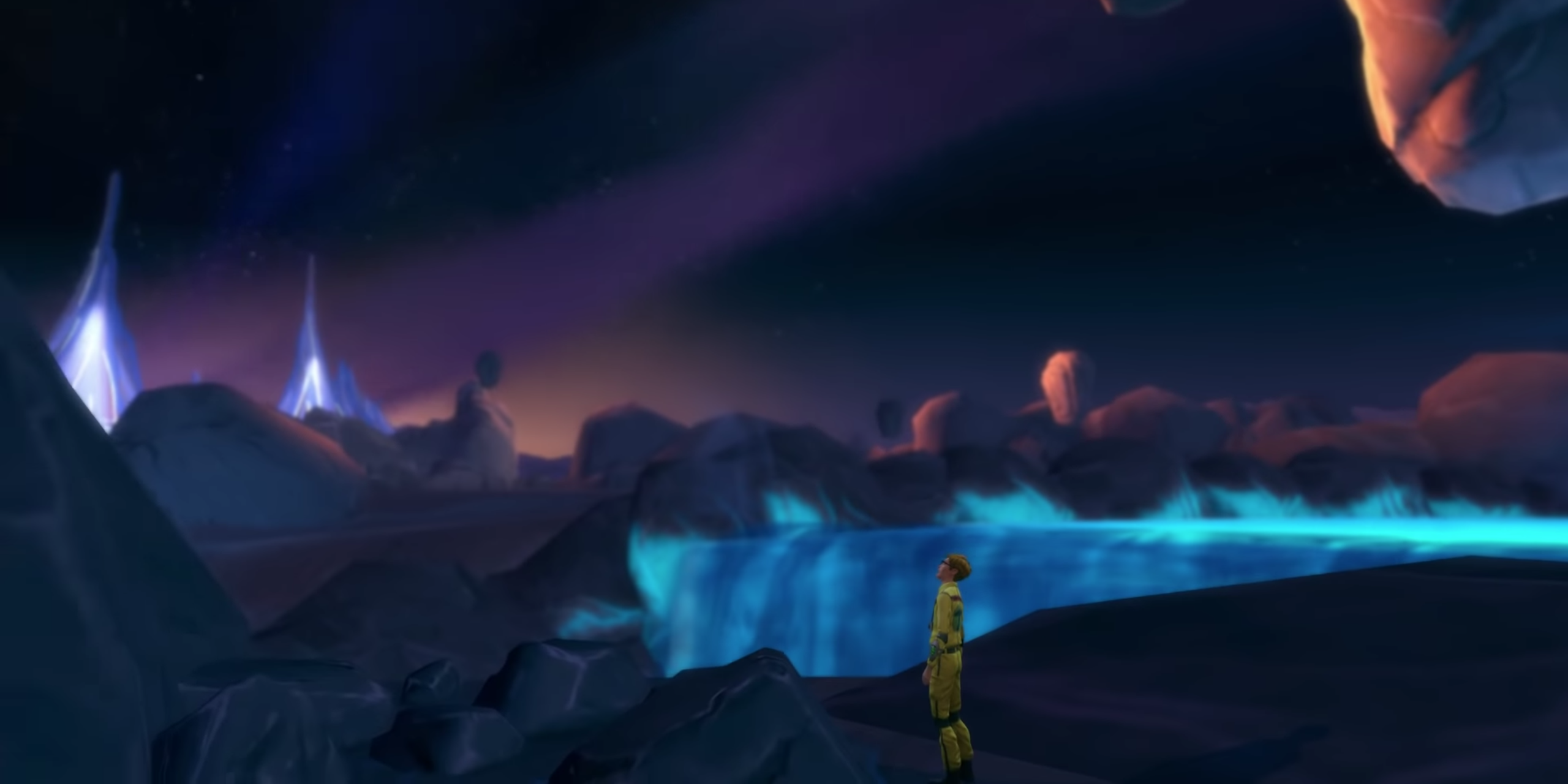 An extraterrestrial explorer gazes over the Sixam horizon
