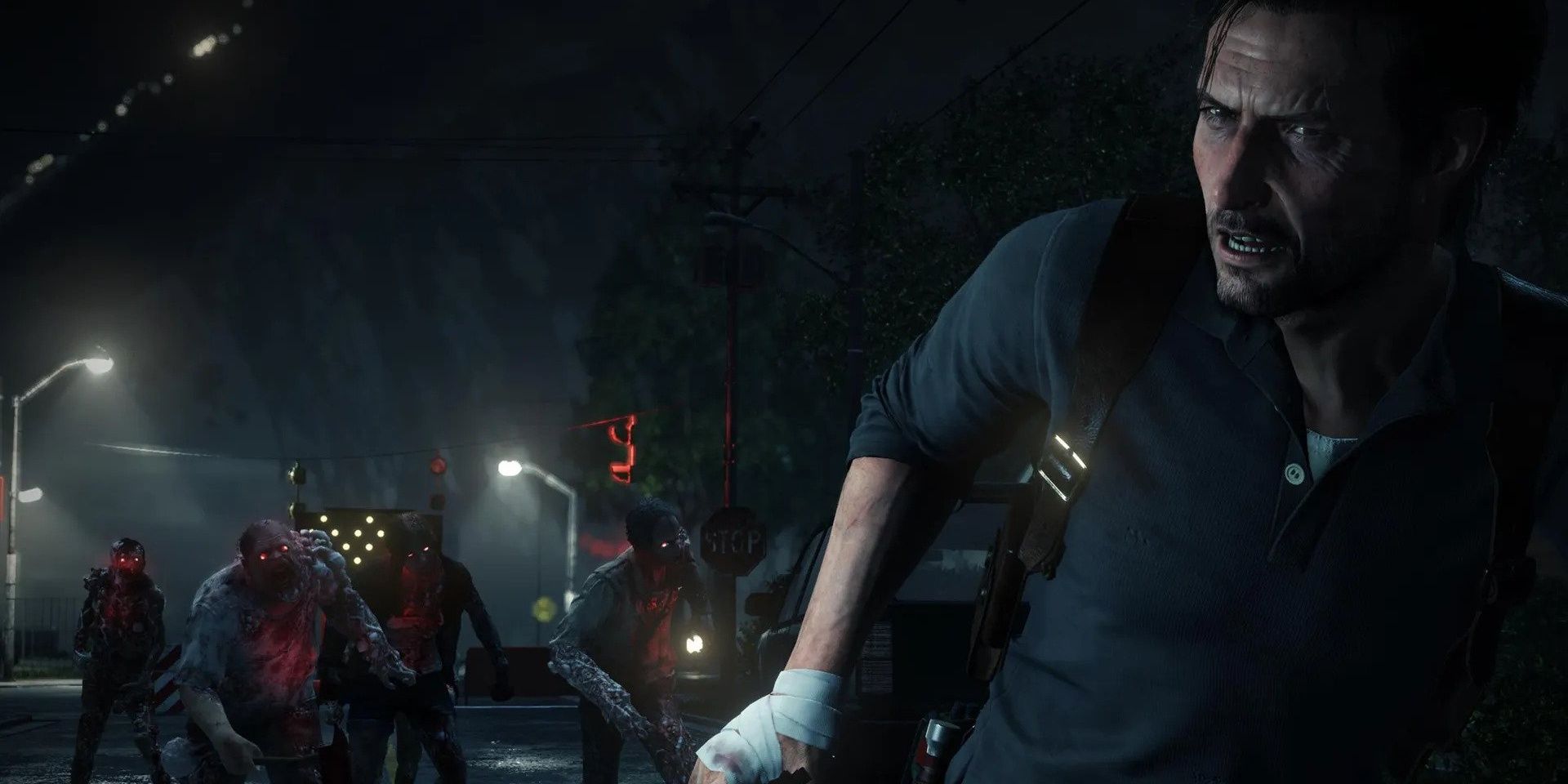 Sebastian from Evil Within 2 escaping a horde of monsters