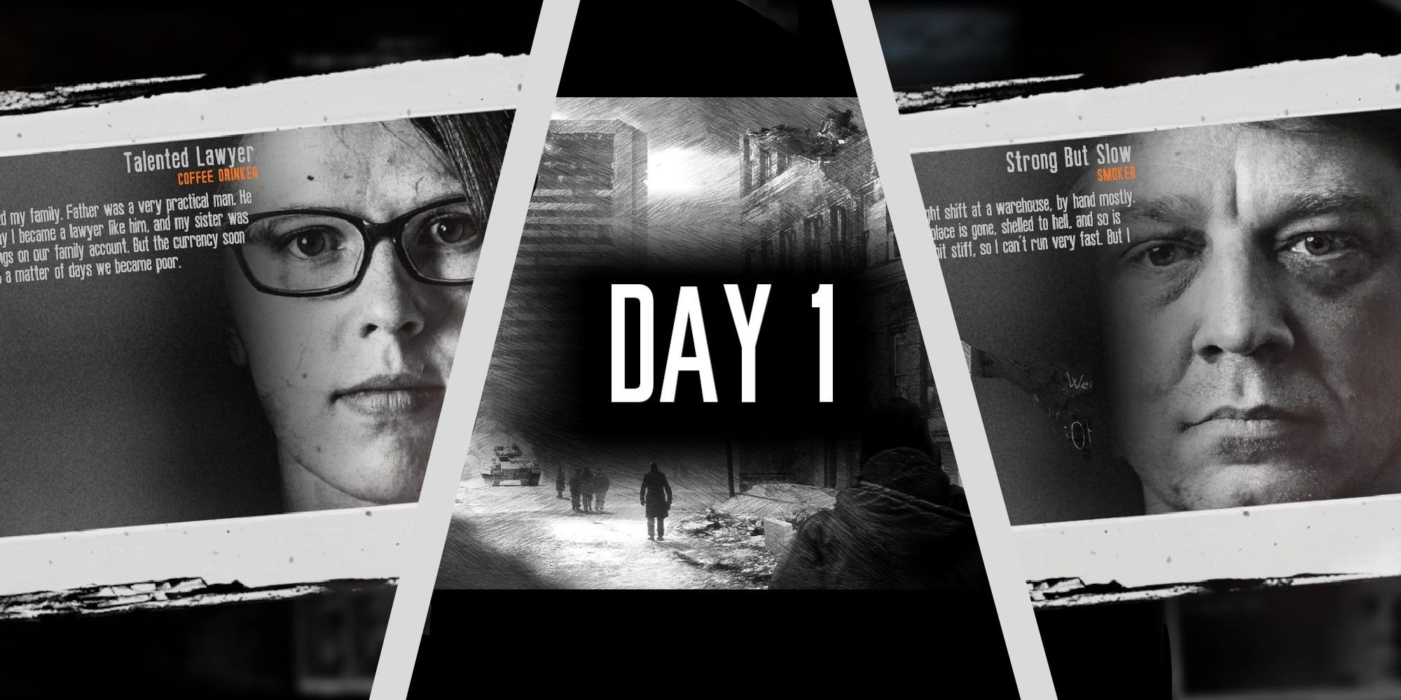 This War Of Mine Feature Image Emilia and Boris on both sides and Day 1 screenshot in the middle
