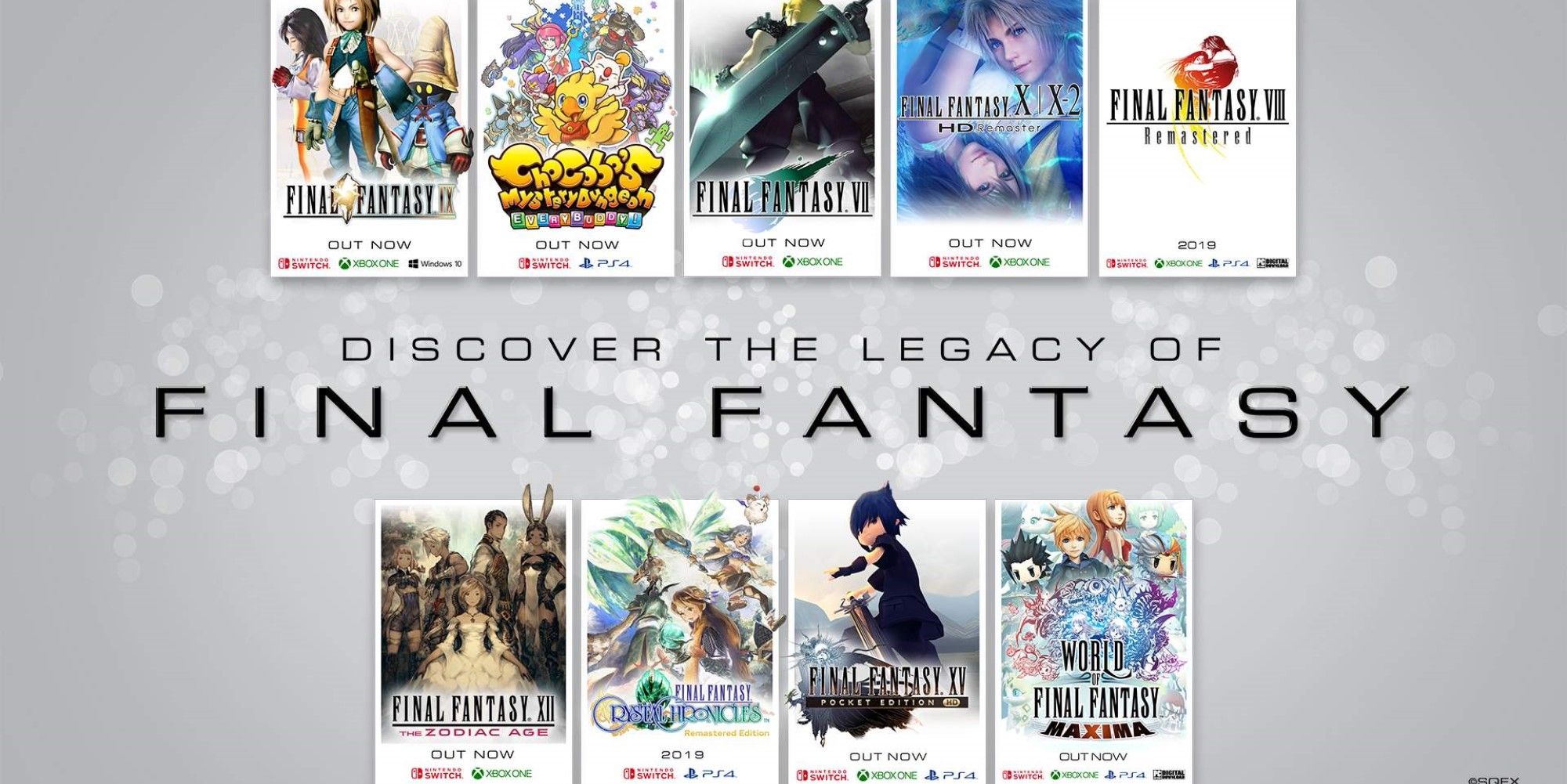 several final fantasy game covers lined up with their available platforms