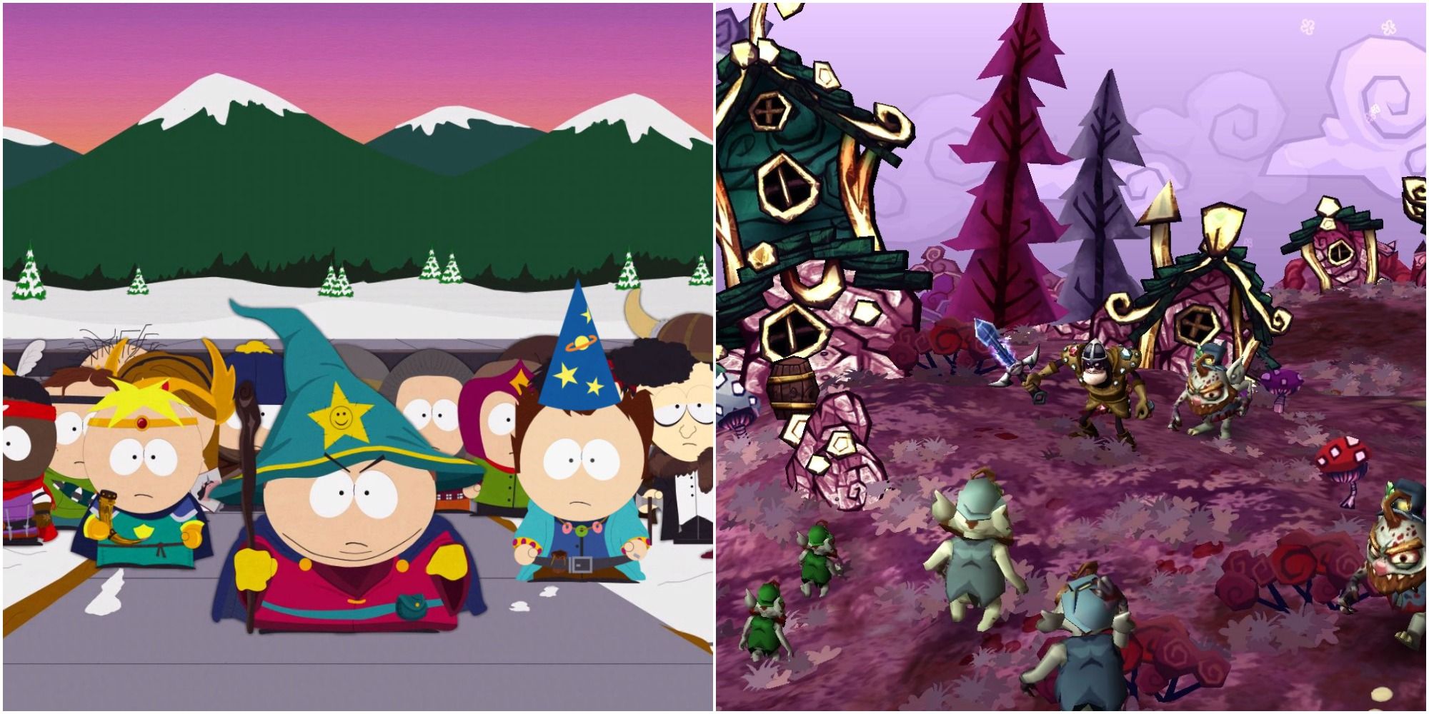 A collage showing scenes and gameplay from South Park: The Stick of Truth and DeathSpank