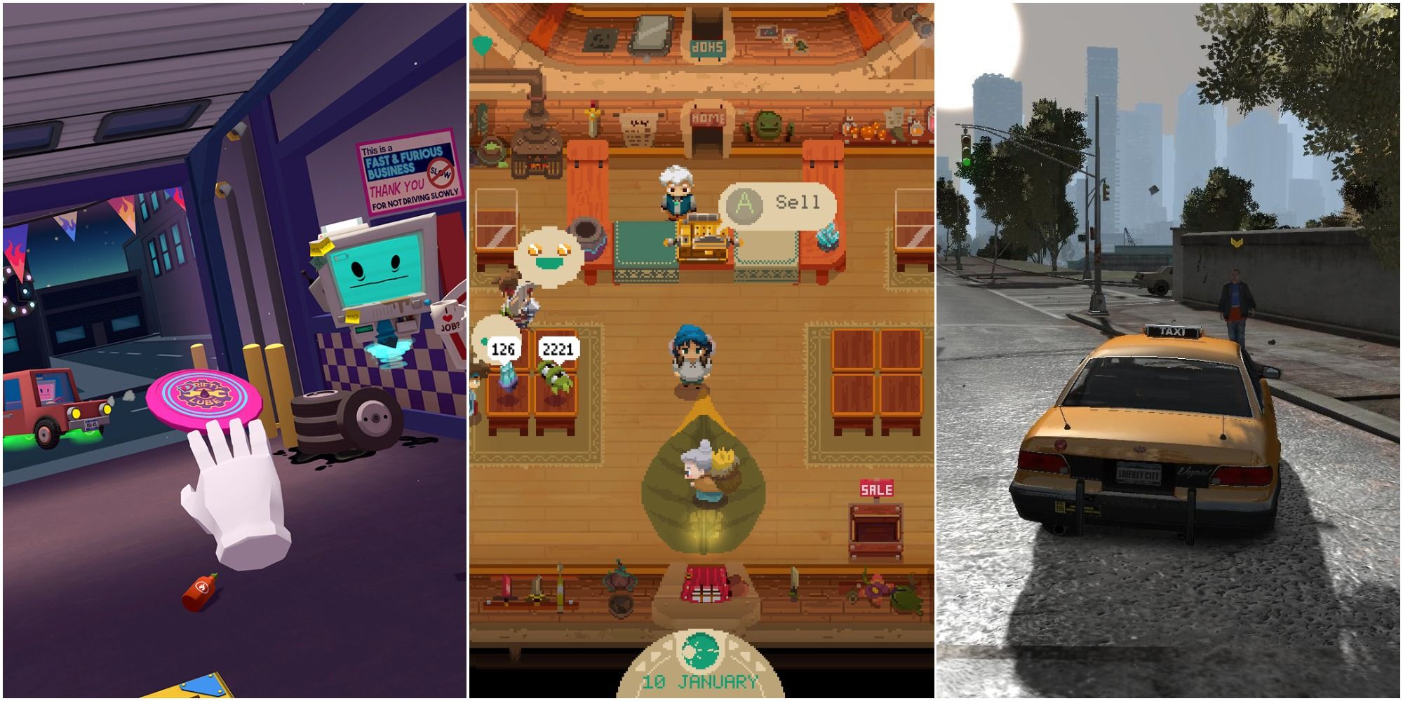 A collage showing gameplay in Job Simulator, Moonlighter and Grand Theft Auto 4