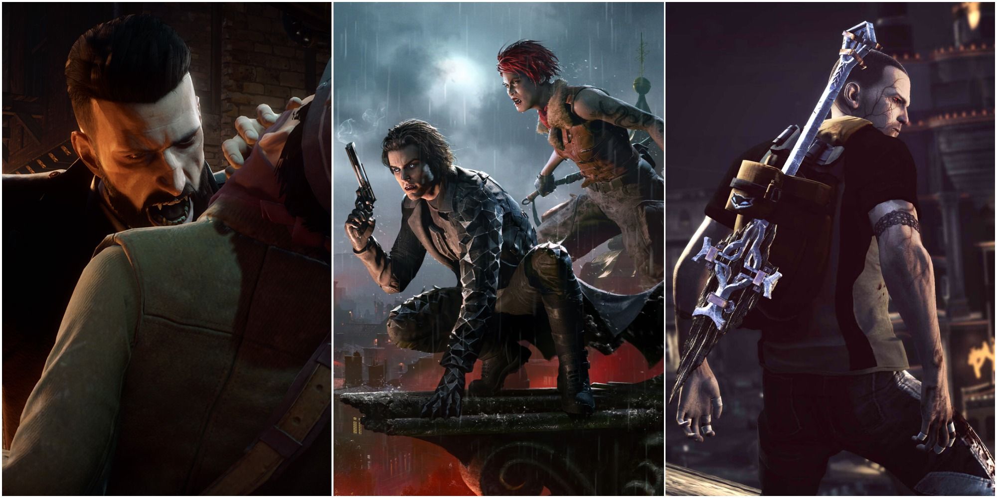 A collage showing scenes from Vampire: The Masquerade - Bloodhunt, Vampyr, and Infamous: Festival of Blood